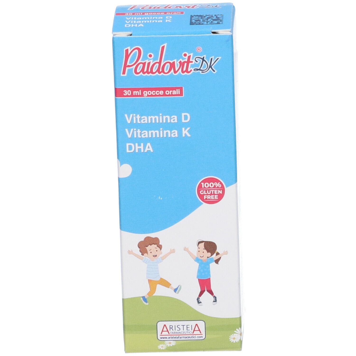 Scatola blu Paidovit DK, gocce 30 ml. Contiene vitamina D, K, DHA. Illustrazioni di bambini e sole.