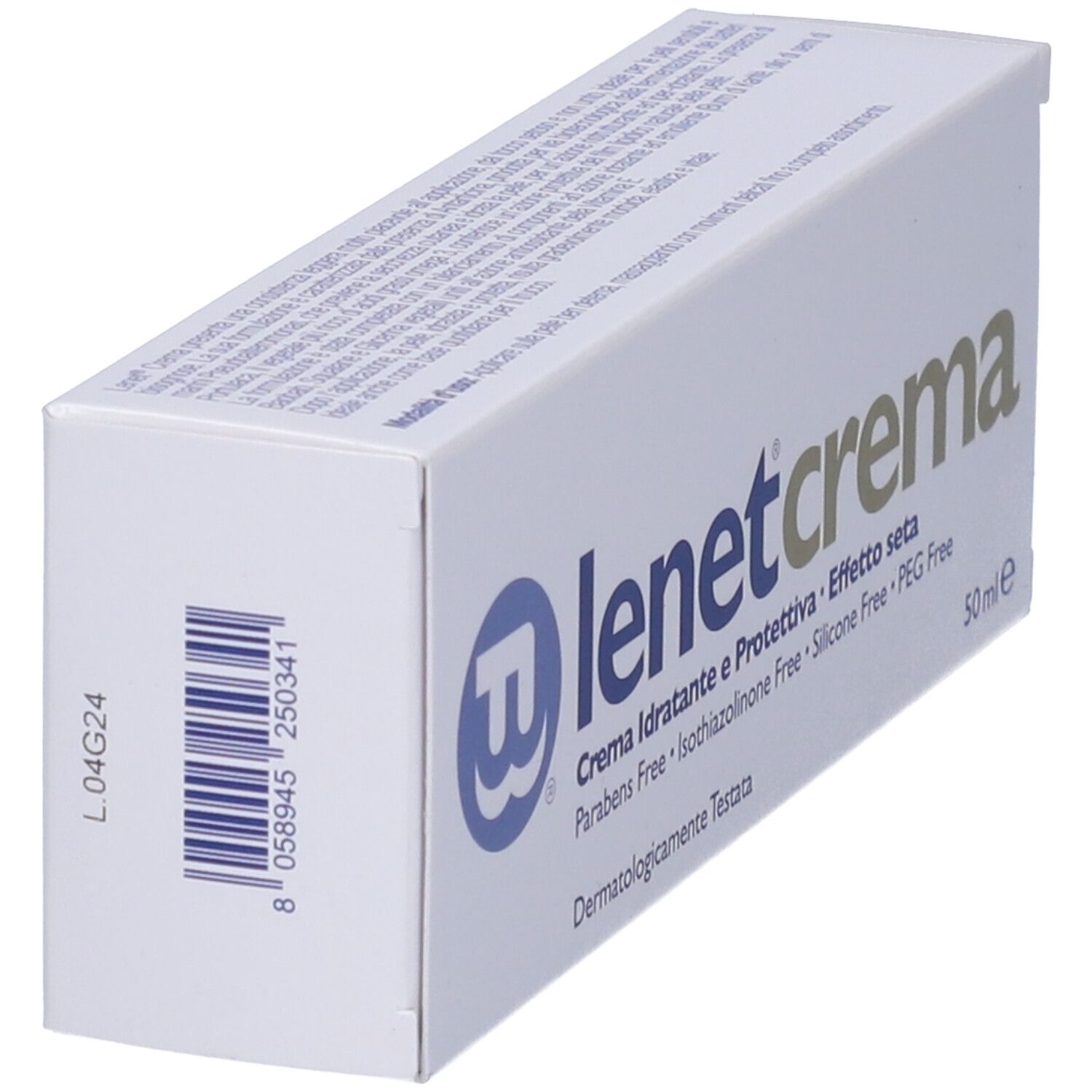 Scatola bianca Lenet Crema. Codice a barre e testo: Crema Idratante e Protettiva, 50 ml. Senza parabeni, siliconi e PEG.