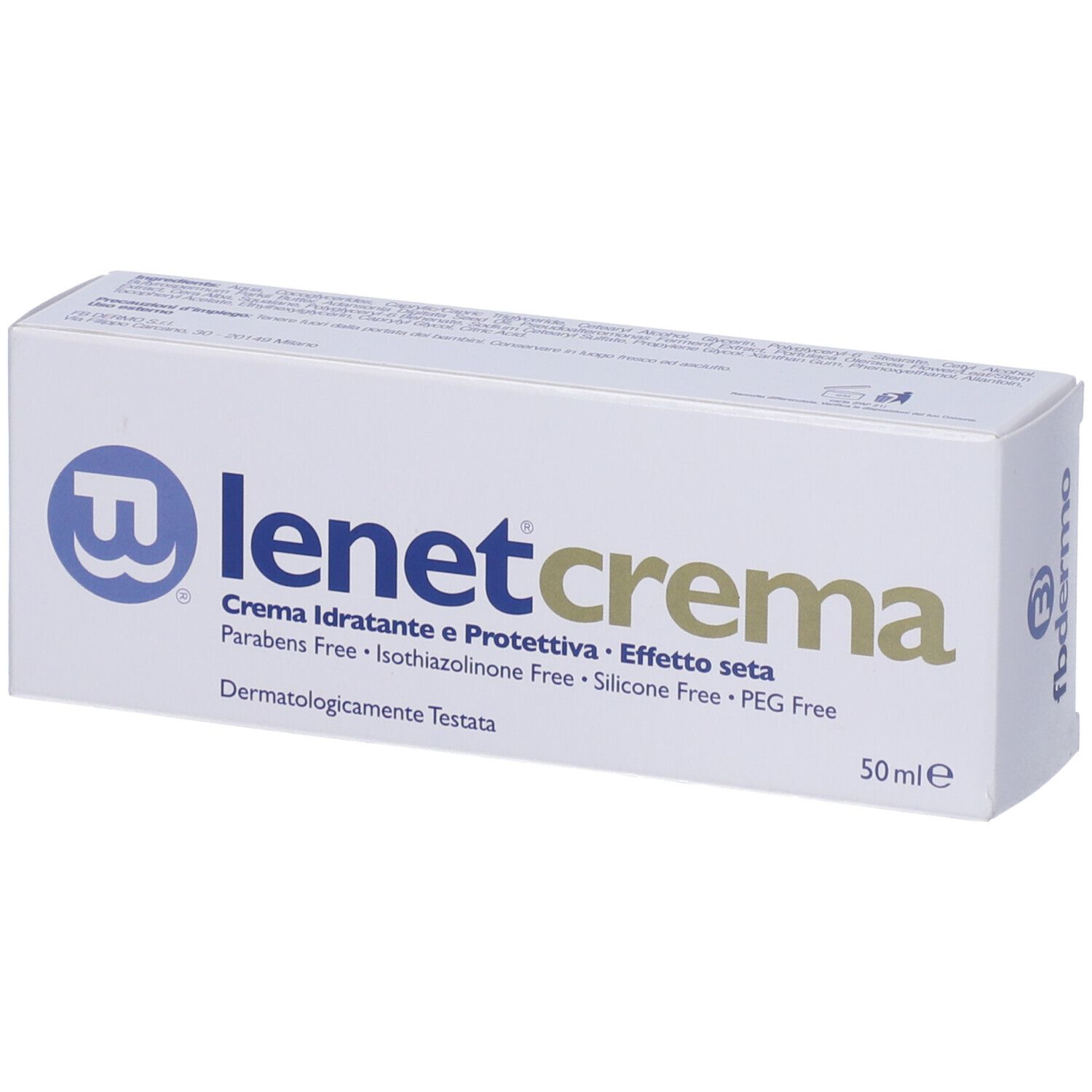 Scatola bianca Lenet Crema. Scritto: Crema Idratante e Protettiva, 50 ml. Senza parabeni, siliconi e PEG. Dermatologicamente testato.