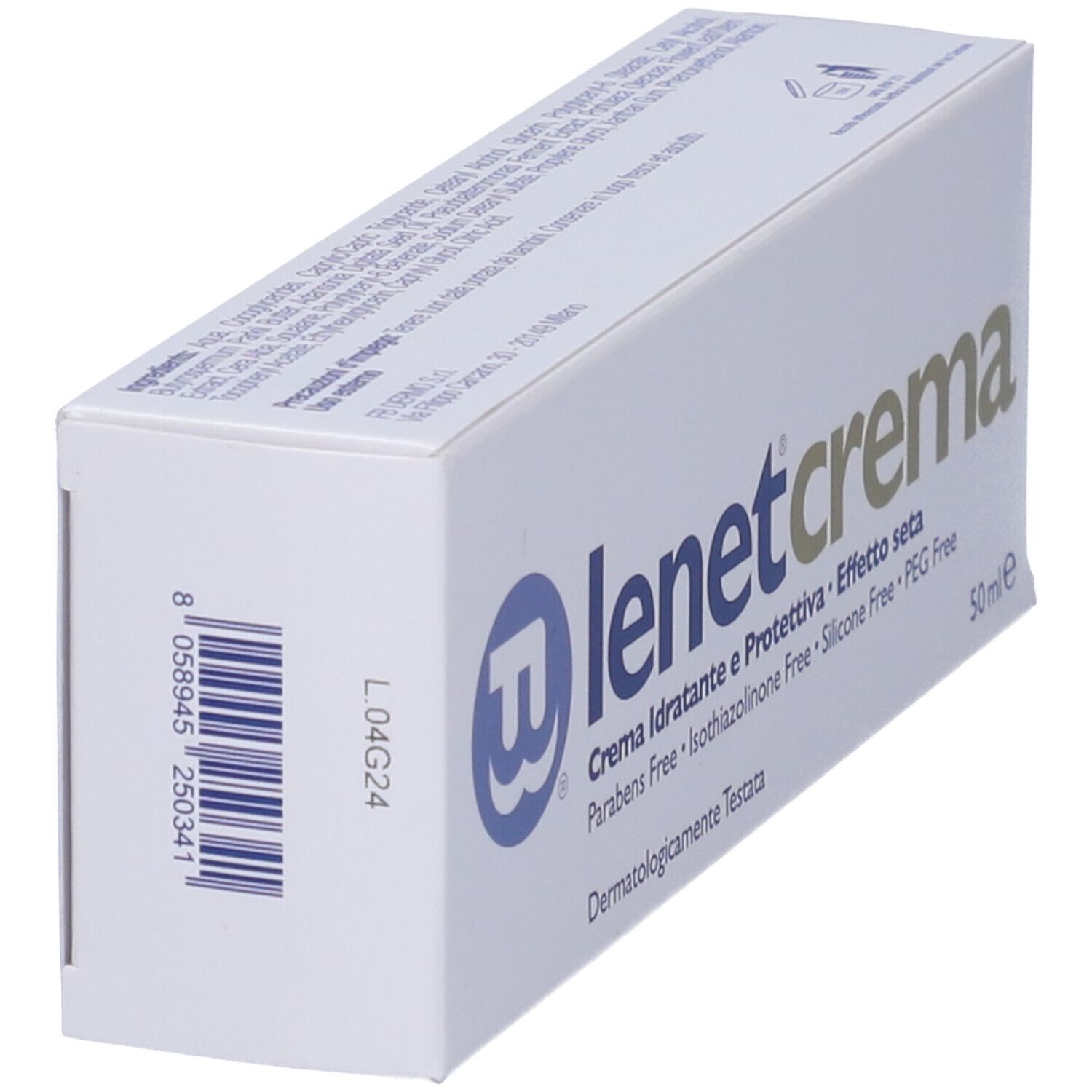 Scatola bianca Lenet Crema. Codice a barre e testo: Crema Idratante e Protettiva, 50 ml. Senza parabeni, siliconi e PEG.
