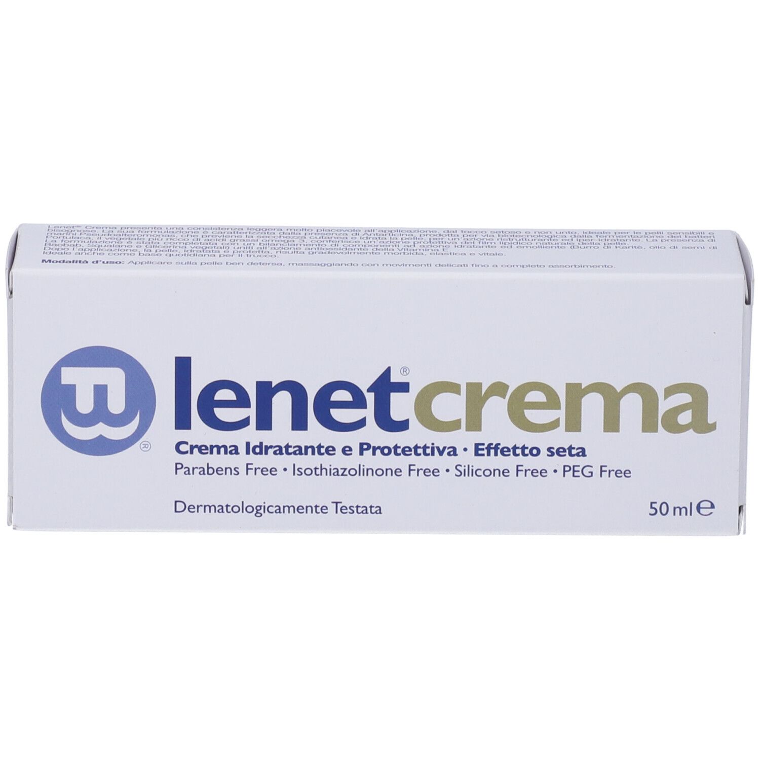 Scatola bianca Lenet Crema. Scritto: Crema Idratante e Protettiva, 50 ml. Senza parabeni, siliconi e PEG. Dermatologicamente testato.