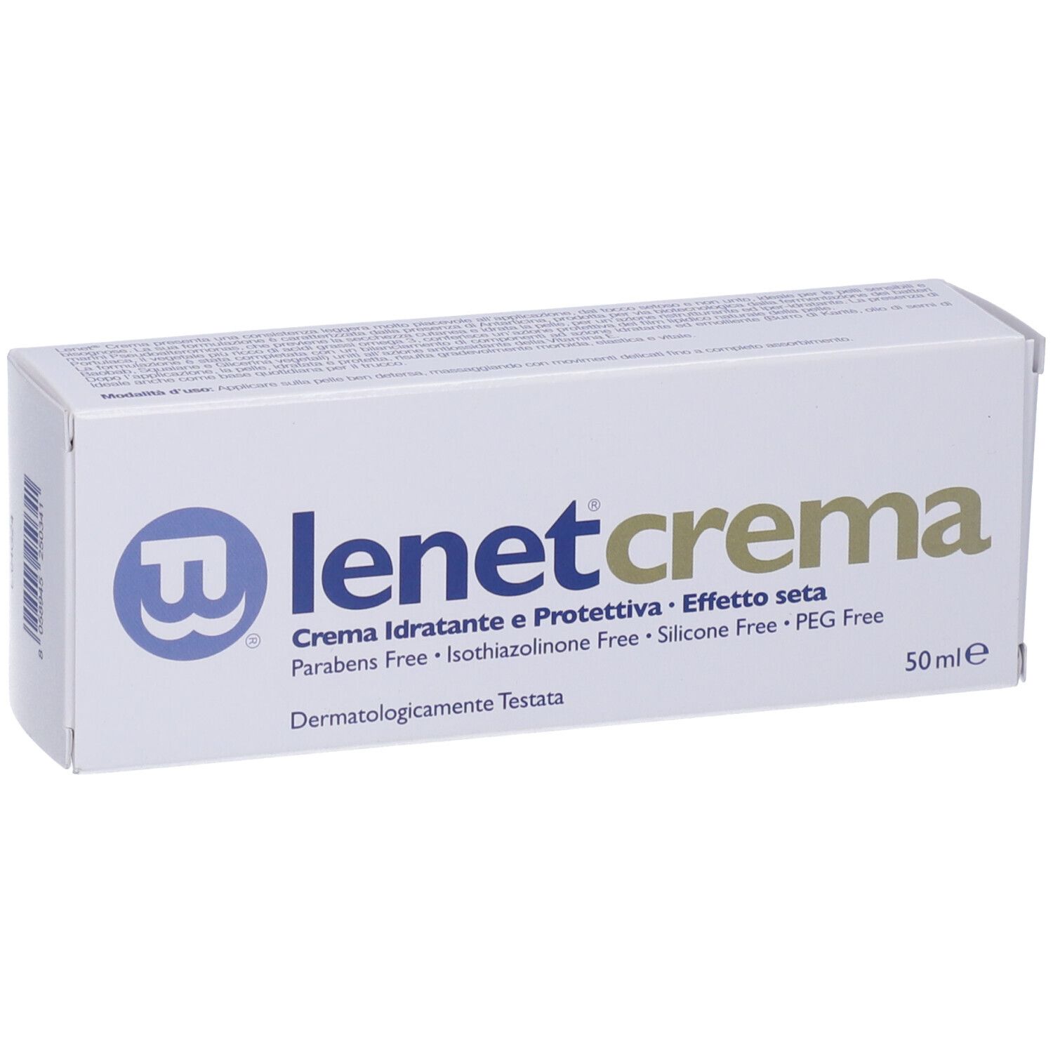 Scatola bianca Lenet Crema. Scritto: Crema Idratante e Protettiva, 50 ml. Senza parabeni, siliconi e PEG. Dermatologicamente testato.