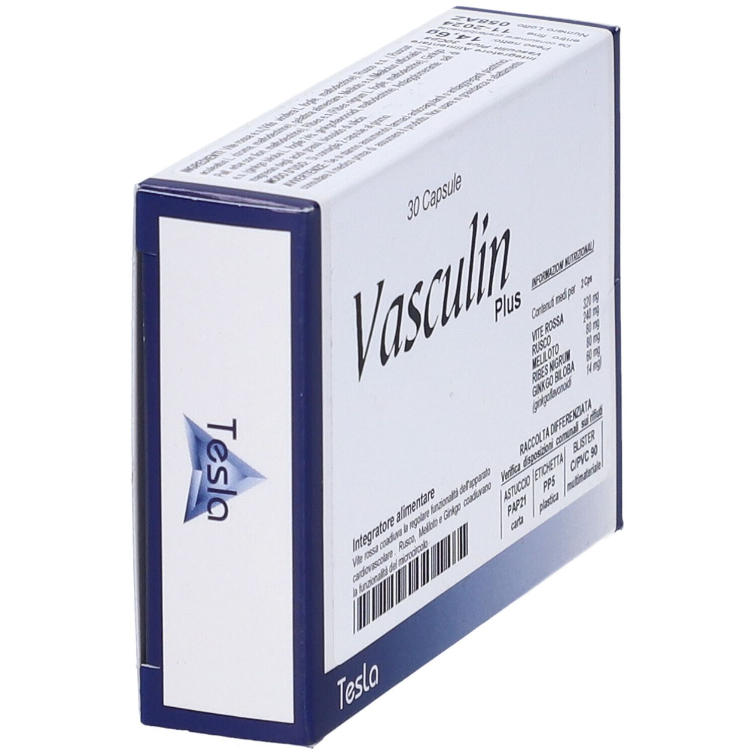 Scatola da 30 capsule. Scritta: Vasculin Plus. Marchio: Tesla. Vista laterale con informazioni sugli ingredienti.