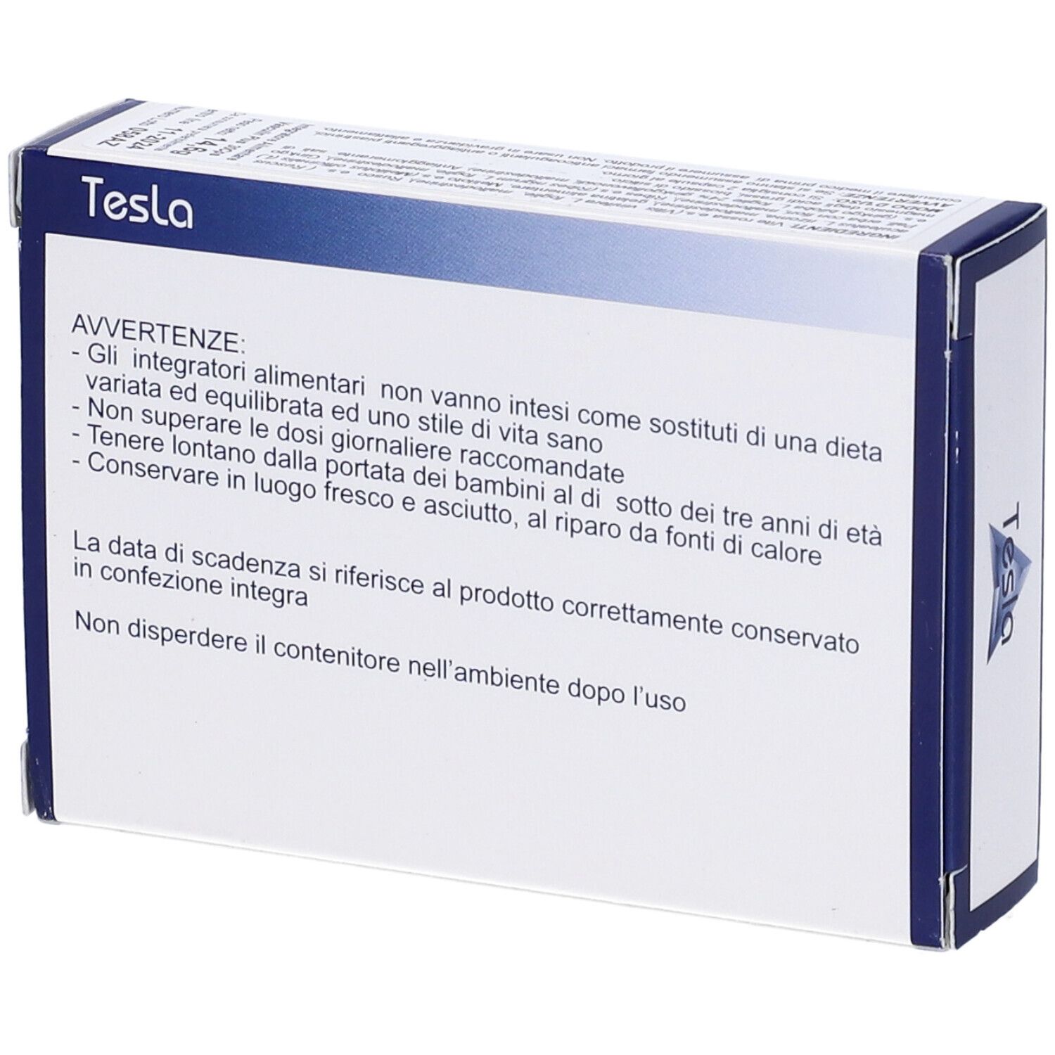 Retro della scatola. Contiene avvertenze e data di scadenza. Marchio: Tesla.