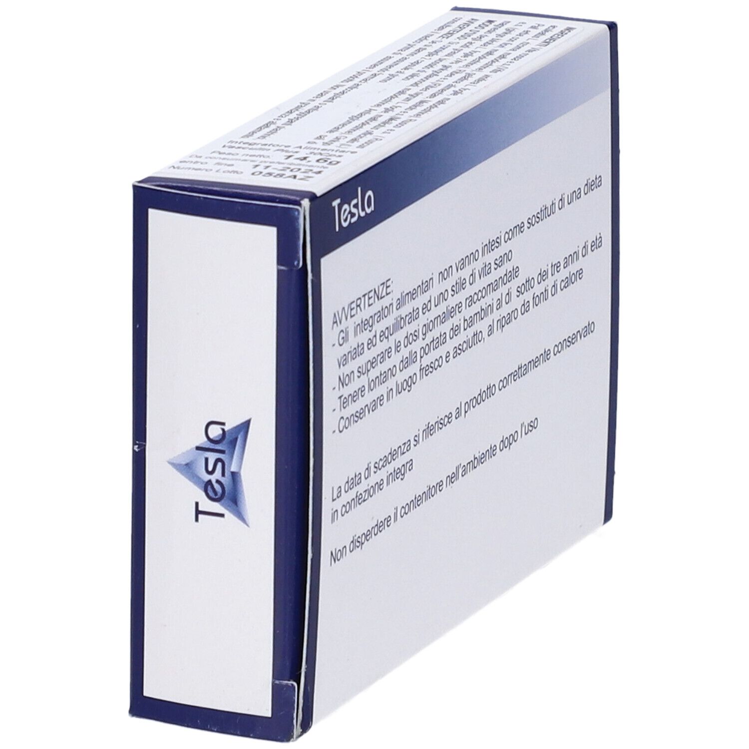 Vista laterale della scatola. Contiene avvertenze. Marchio: Tesla.