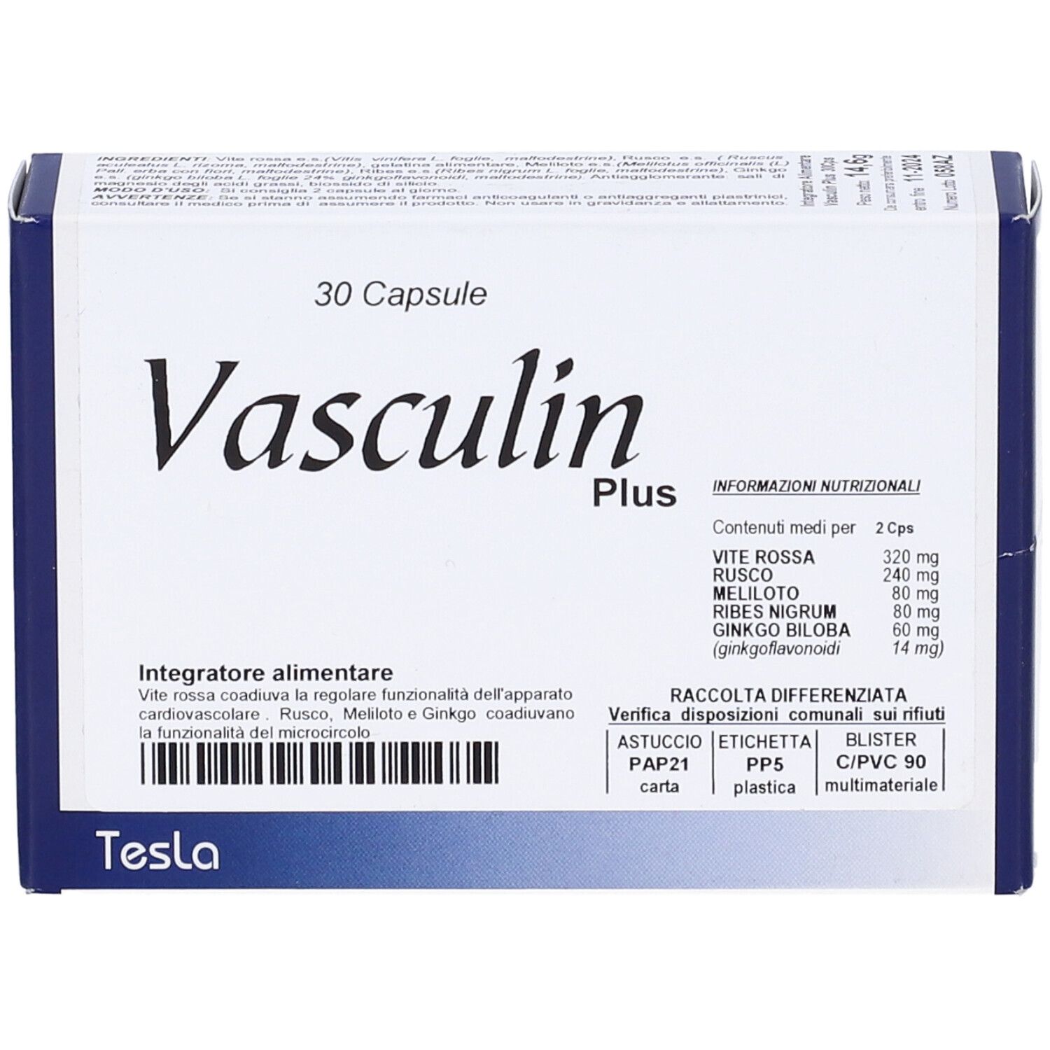 Scatola da 30 capsule. Scritta: Vasculin Plus. Contiene informazioni sugli ingredienti. Marchio: Tesla.