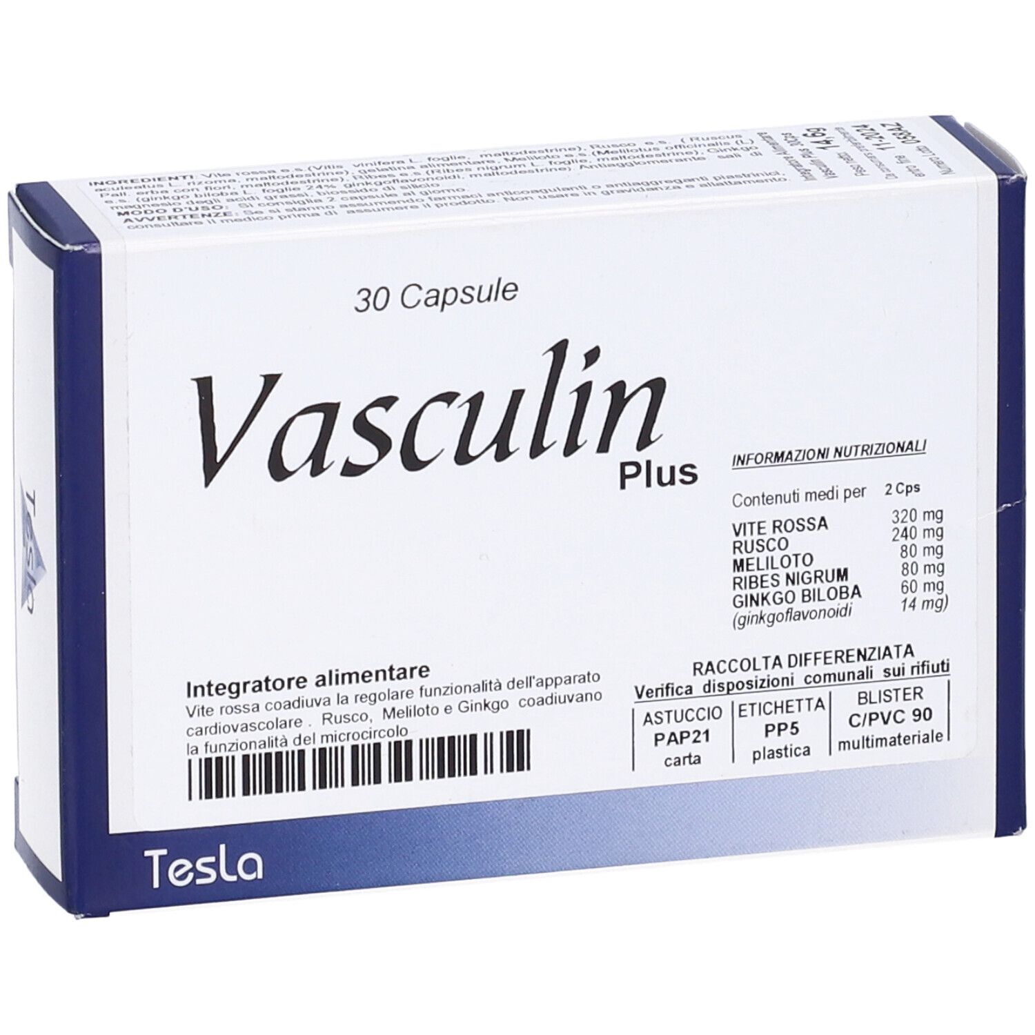 Scatola da 30 capsule. Scritta: Vasculin Plus. Contiene informazioni sugli ingredienti. Marchio: Tesla.