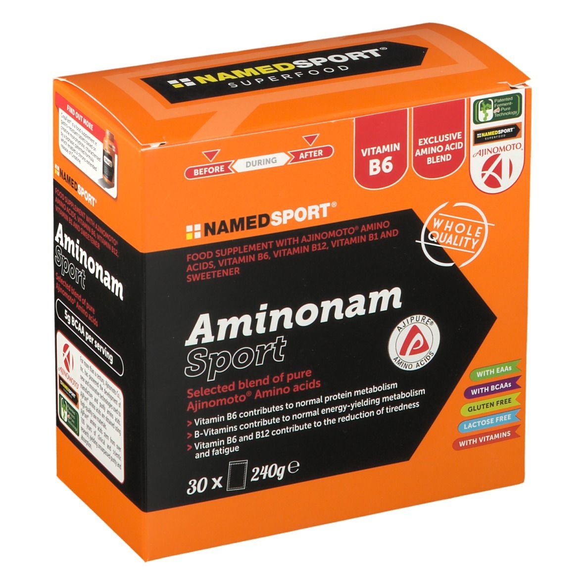 NAMEDSPORT® Aminonam Sport. Scatola arancione. Contiene 30 porzioni. Con vitamina B6 e aminoacidi.