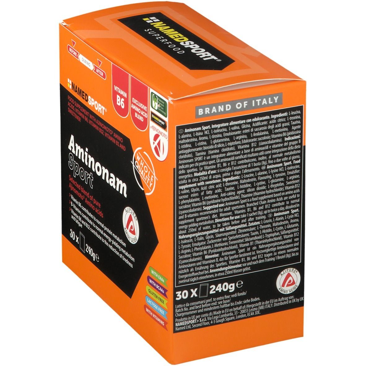 NAMEDSPORT® Aminonam Sport. Scatola arancione. Informazioni sul prodotto sul retro. 30 porzioni.