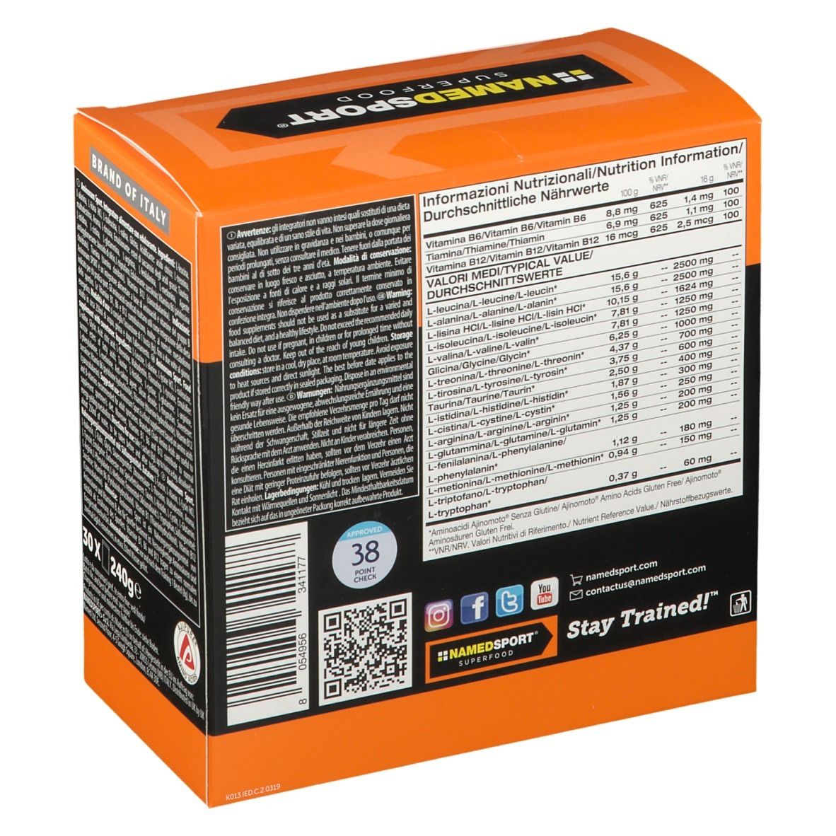 NAMEDSPORT® Aminonam Sport. Scatola arancione. Informazioni nutrizionali sul retro. 30 porzioni.