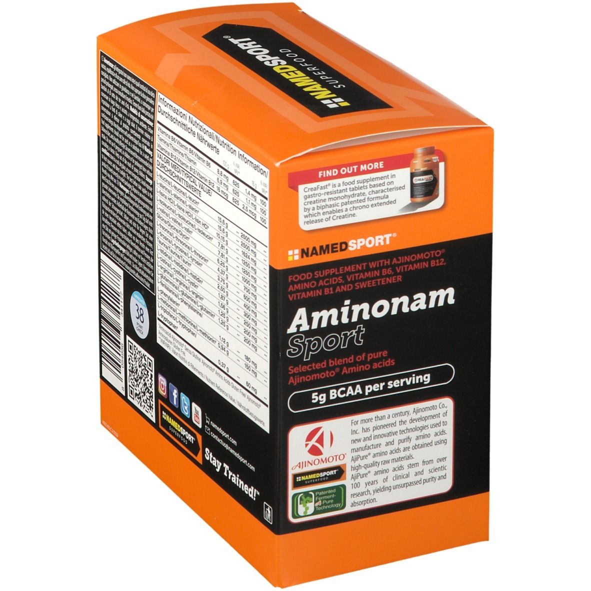 NAMEDSPORT® Aminonam Sport. Scatola arancione. Informazioni sul prodotto e nutrizionali. 30 porzioni.