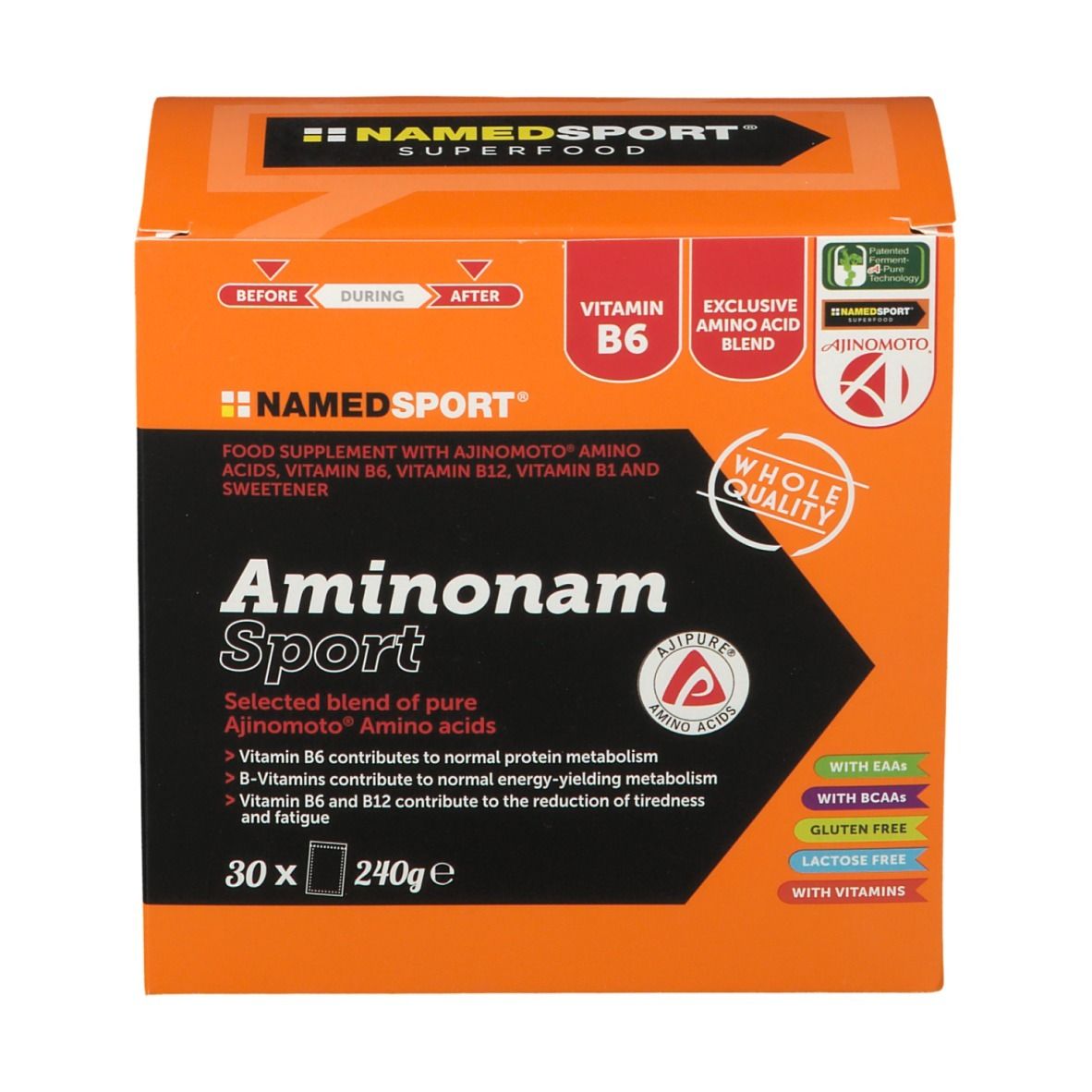 NAMEDSPORT® Aminonam Sport. Scatola arancione. Contiene 30 porzioni. Con vitamina B6 e aminoacidi.
