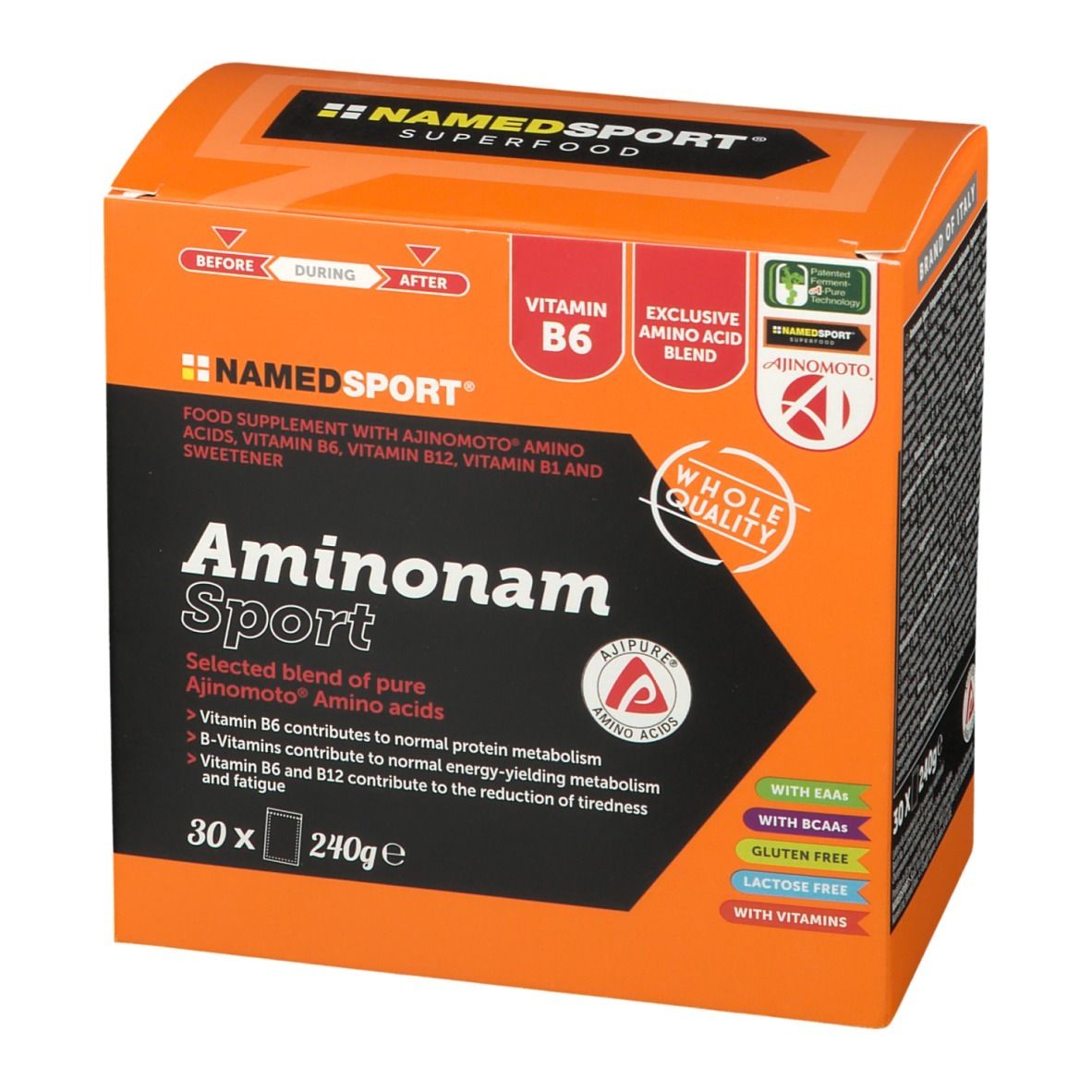 NAMEDSPORT® Aminonam Sport. Scatola arancione. Contiene 30 porzioni. Con vitamina B6 e aminoacidi.