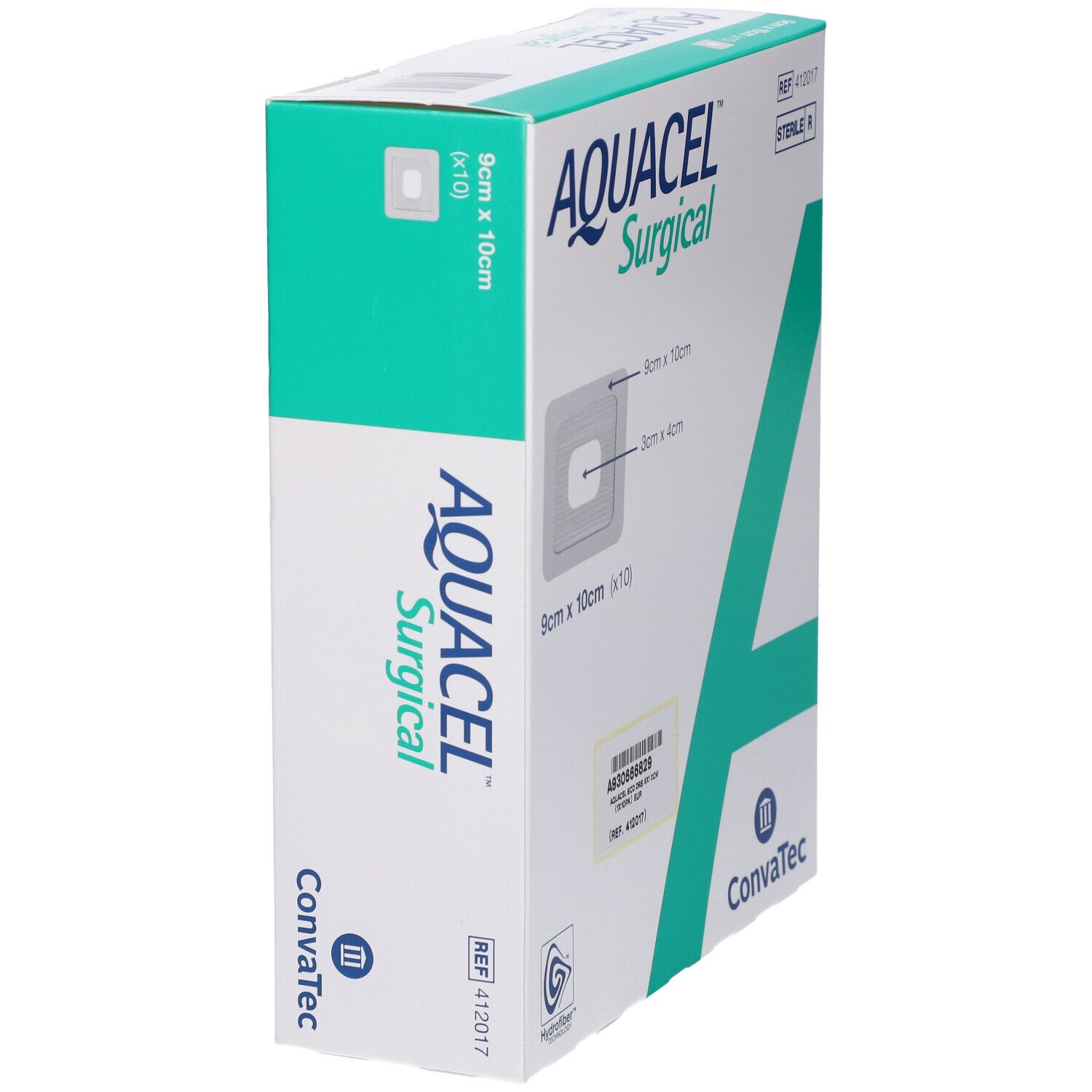 Confezione AQUACEL Surgical, 9x10cm, vista laterale. Scritte: AQUACEL Surgical, Convatec. Campione del prodotto mostrato.