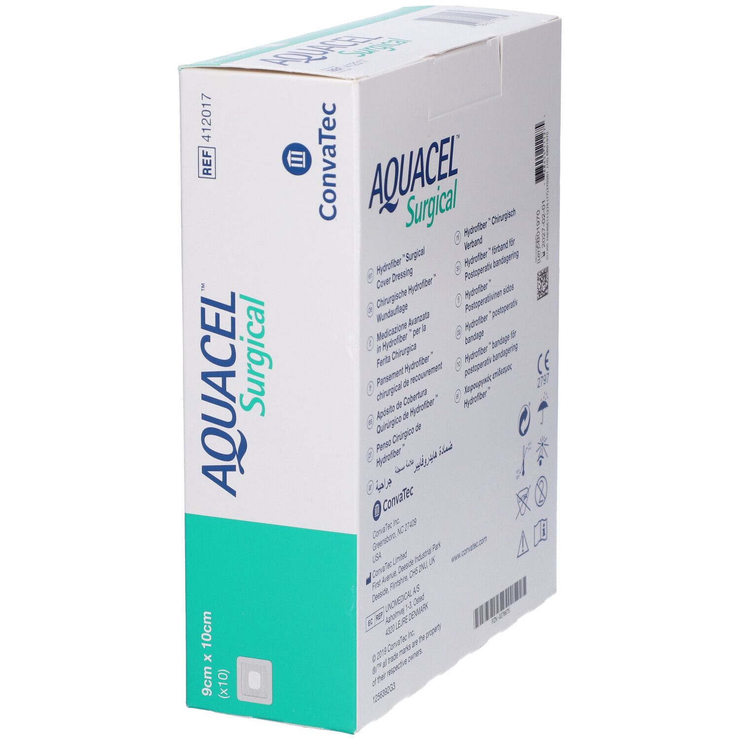 Confezione AQUACEL Surgical, vista laterale. Scritte: AQUACEL Surgical, Convatec. Campione del prodotto mostrato.