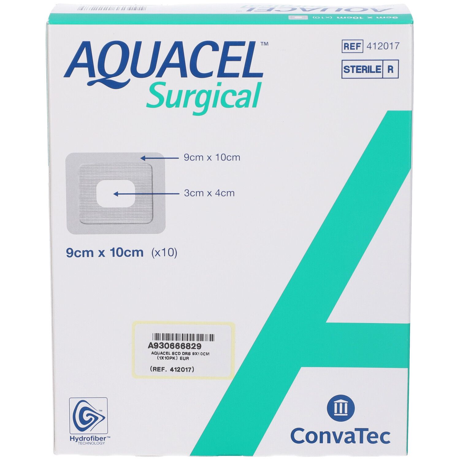 Confezione AQUACEL Surgical, 9x10cm. Mostra un campione del prodotto. Scritte: AQUACEL Surgical, Convatec, Hydrofiber.