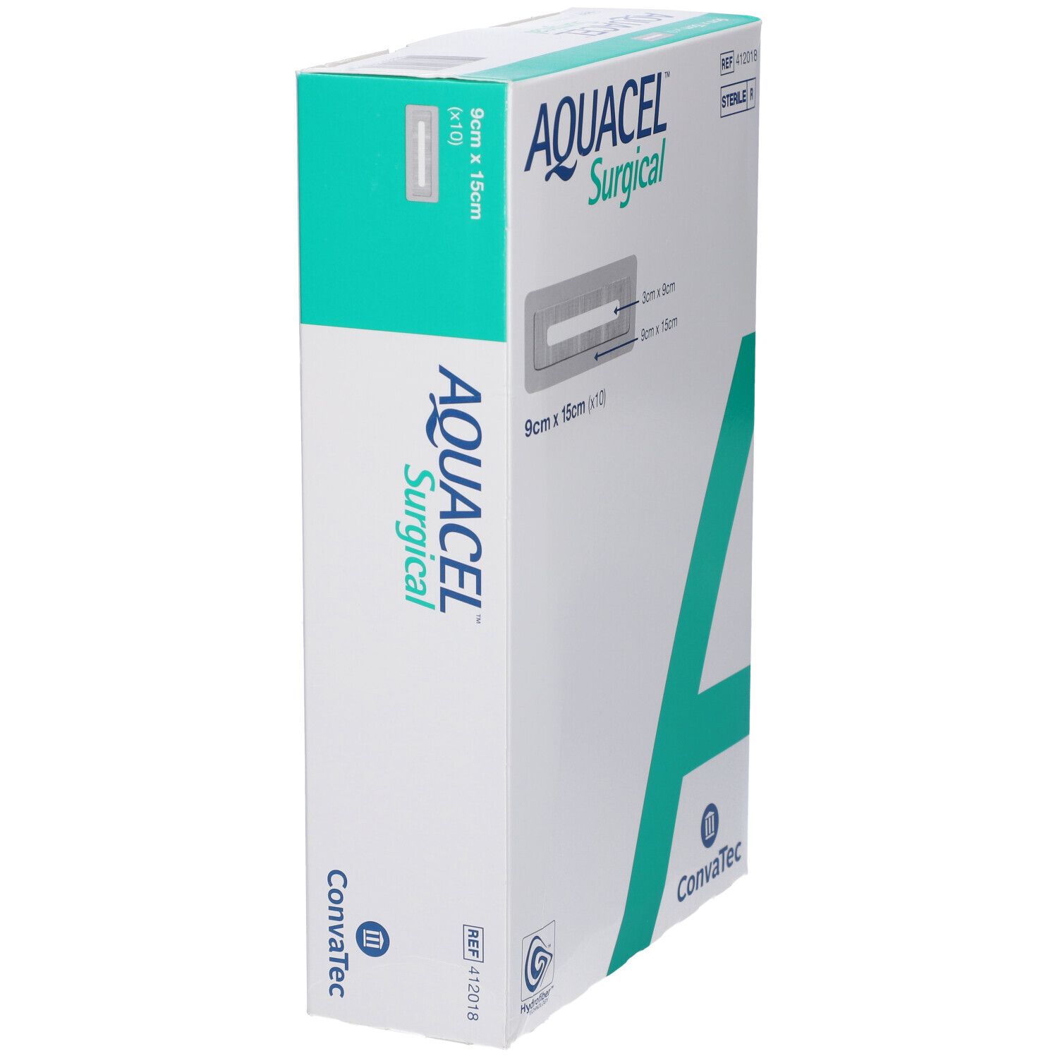 Confezione AQUACEL Surgical, 9x15cm. Logo ConvaTec. Sterile. Confezione verde e bianca. Vista laterale.