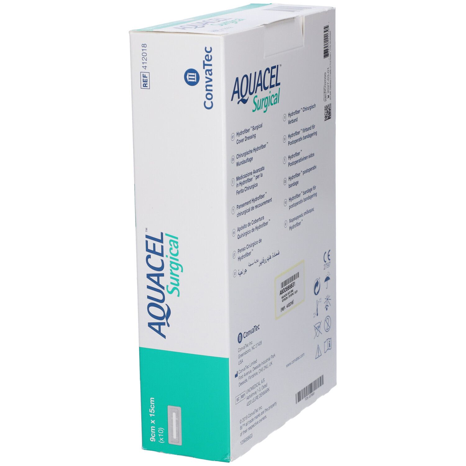 Confezione AQUACEL Surgical. Logo ConvaTec. Informazioni multilingue. Sterile. Vista laterale.