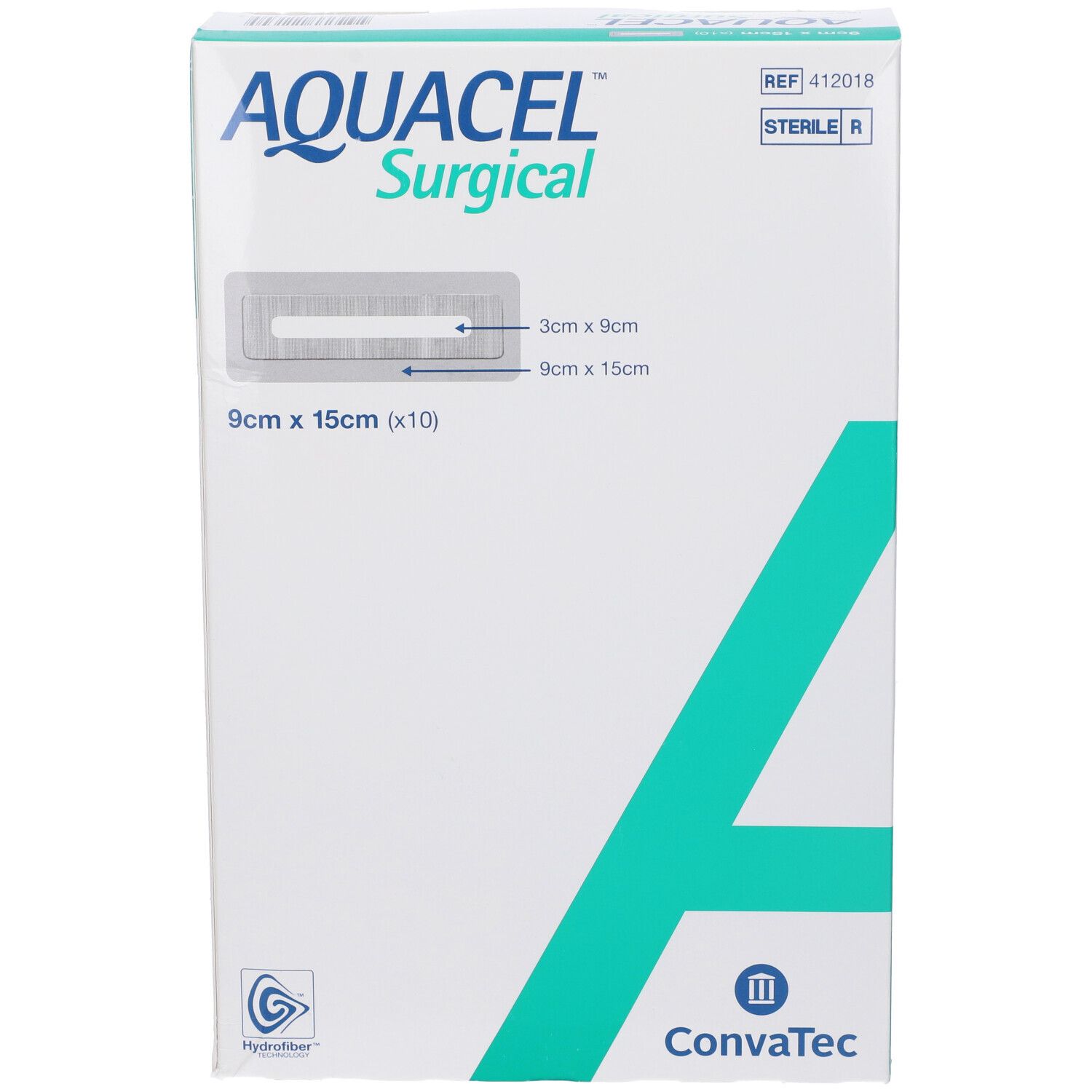 Confezione AQUACEL Surgical, 9x15cm, 10 pezzi. Tecnologia Hydrofiber. Logo ConvaTec. Sterile.