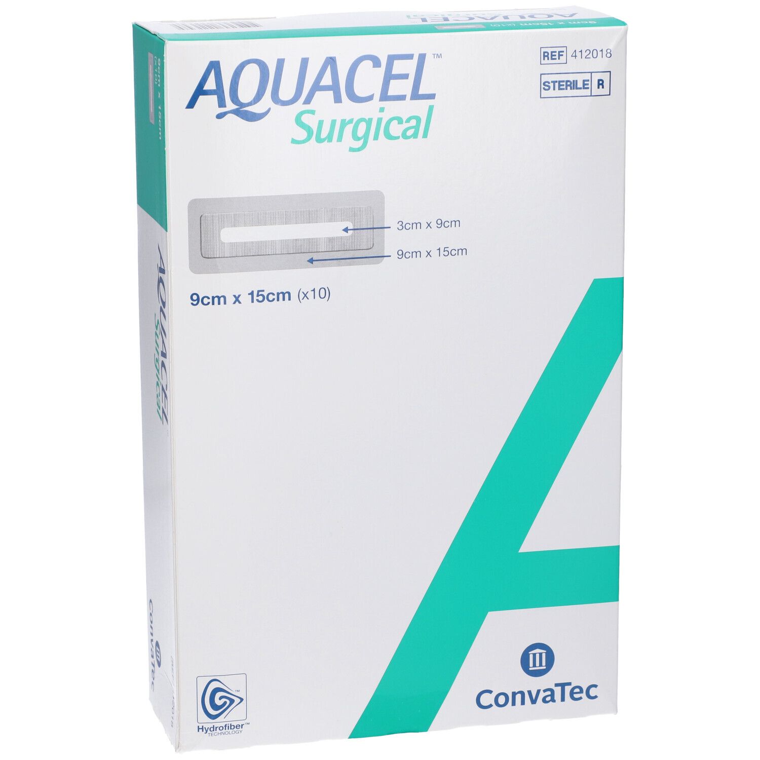 Confezione AQUACEL Surgical, 9x15cm, 10 pezzi. Tecnologia Hydrofiber. Logo ConvaTec. Sterile.