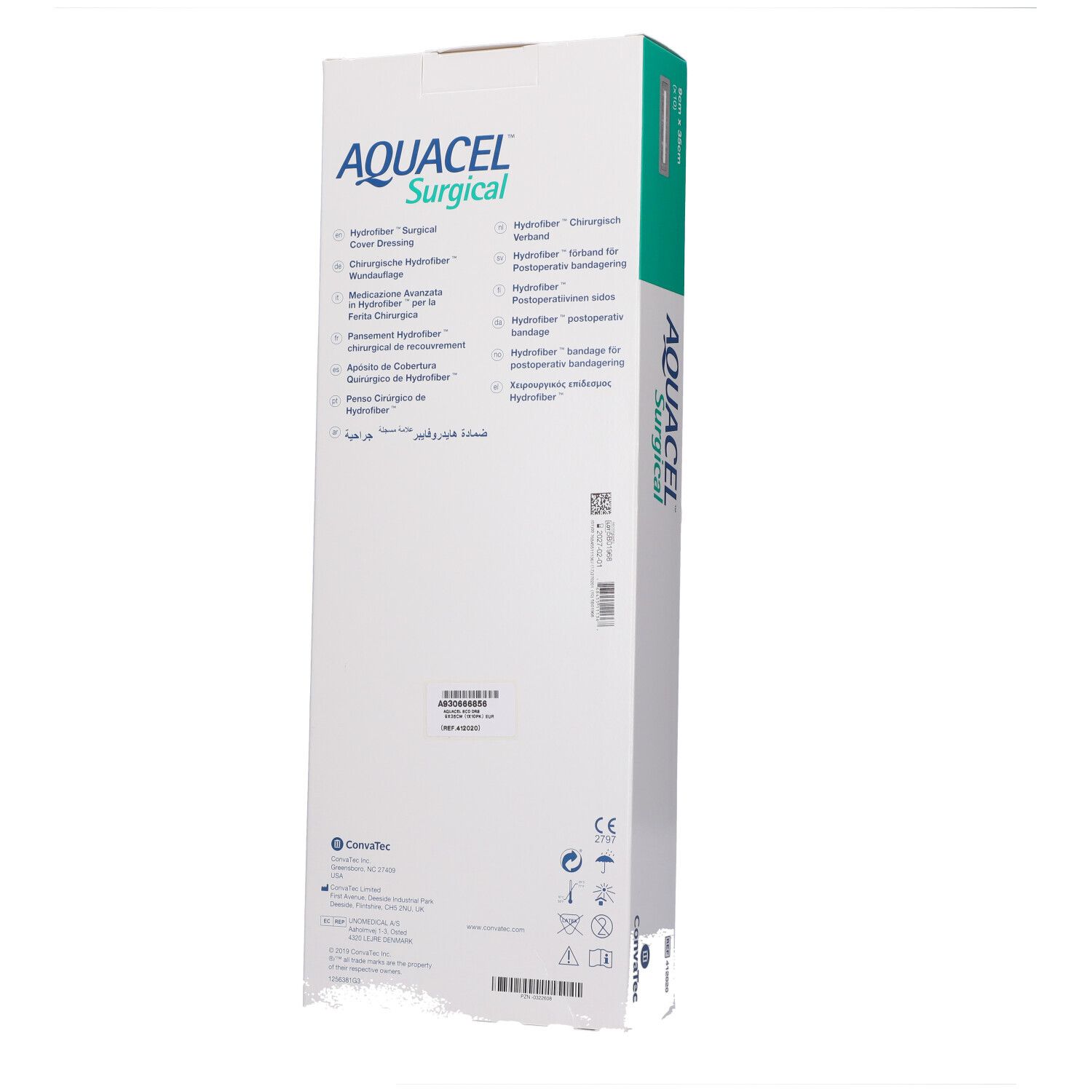 Retro della confezione AQUACEL Surgical. Testo multilingue. Logo ConvaTec e simboli.