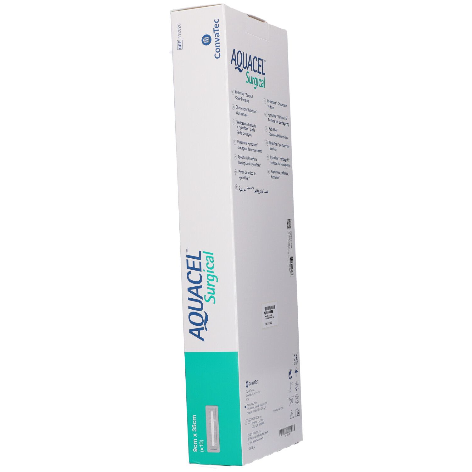 Confezione AQUACEL Surgical in diagonale. Bianco e turchese. Nome del prodotto e logo ConvaTec visibili.