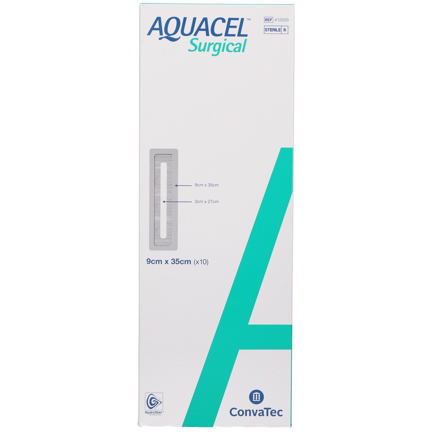 Confezione AQUACEL Surgical. Bianco e turchese. Dimensioni: 9x35cm (x10). Logo ConvaTec. Illustrazione del prodotto.