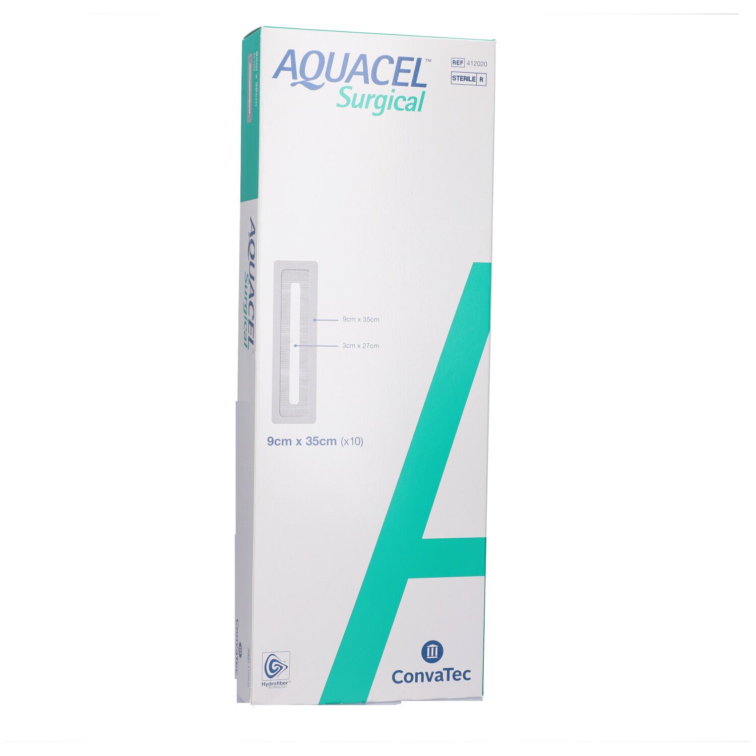 Confezione AQUACEL Surgical. Bianco e turchese. Dimensioni: 9x35cm (x10). Logo ConvaTec. Illustrazione del prodotto.