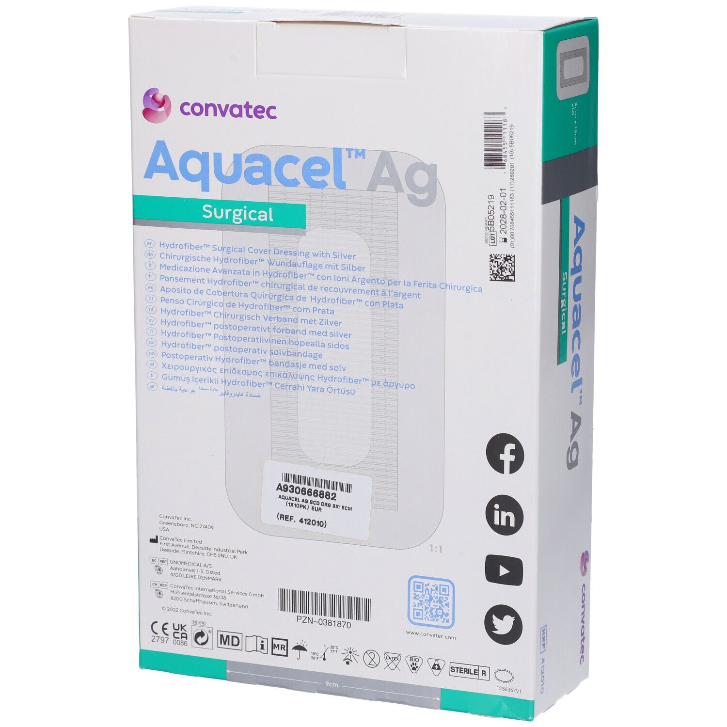 Retro della confezione Convatec Aquacel Ag Surgical. Informazioni multilingue e loghi.