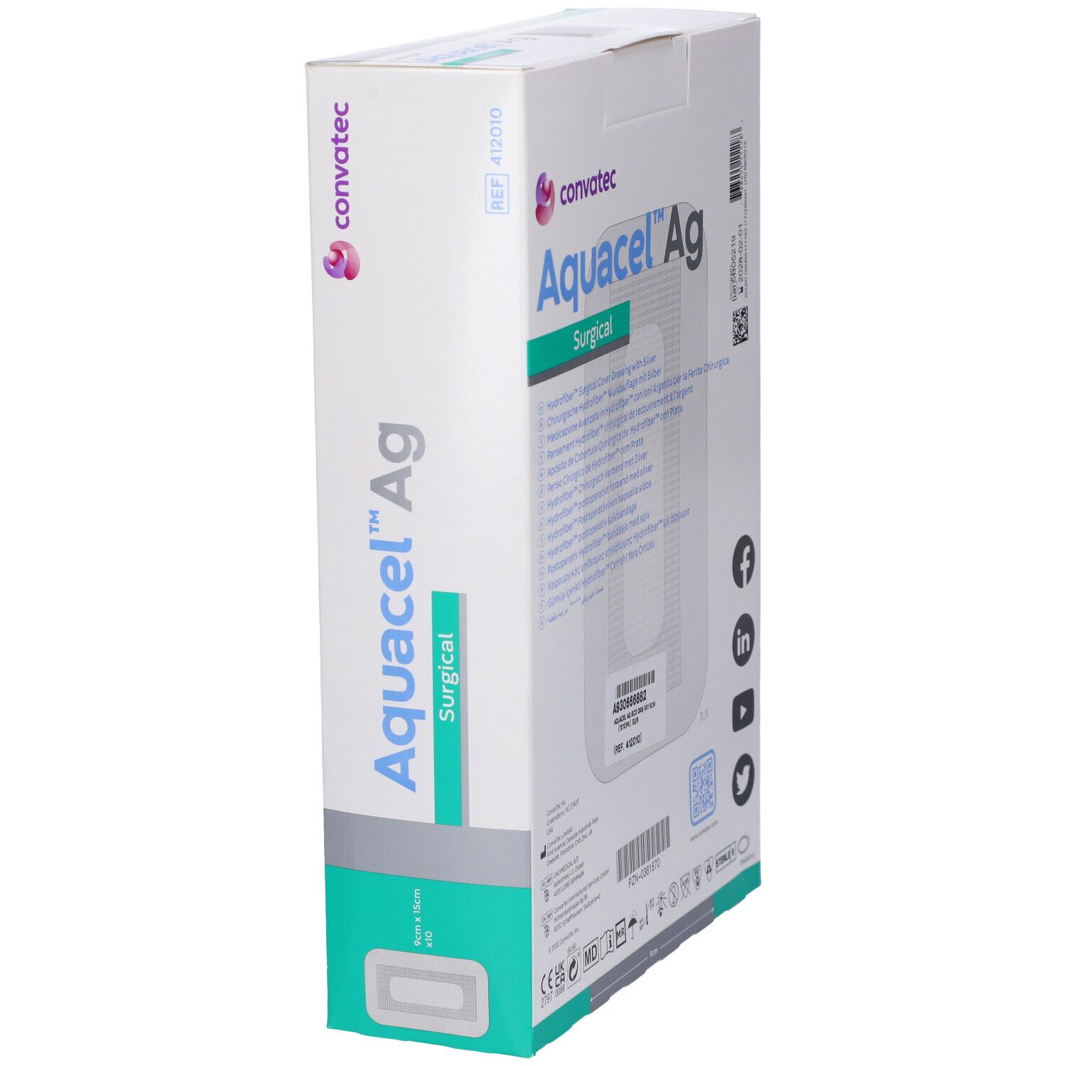 Vista laterale della confezione Convatec Aquacel Ag Surgical. Nome e logo del prodotto visibili.