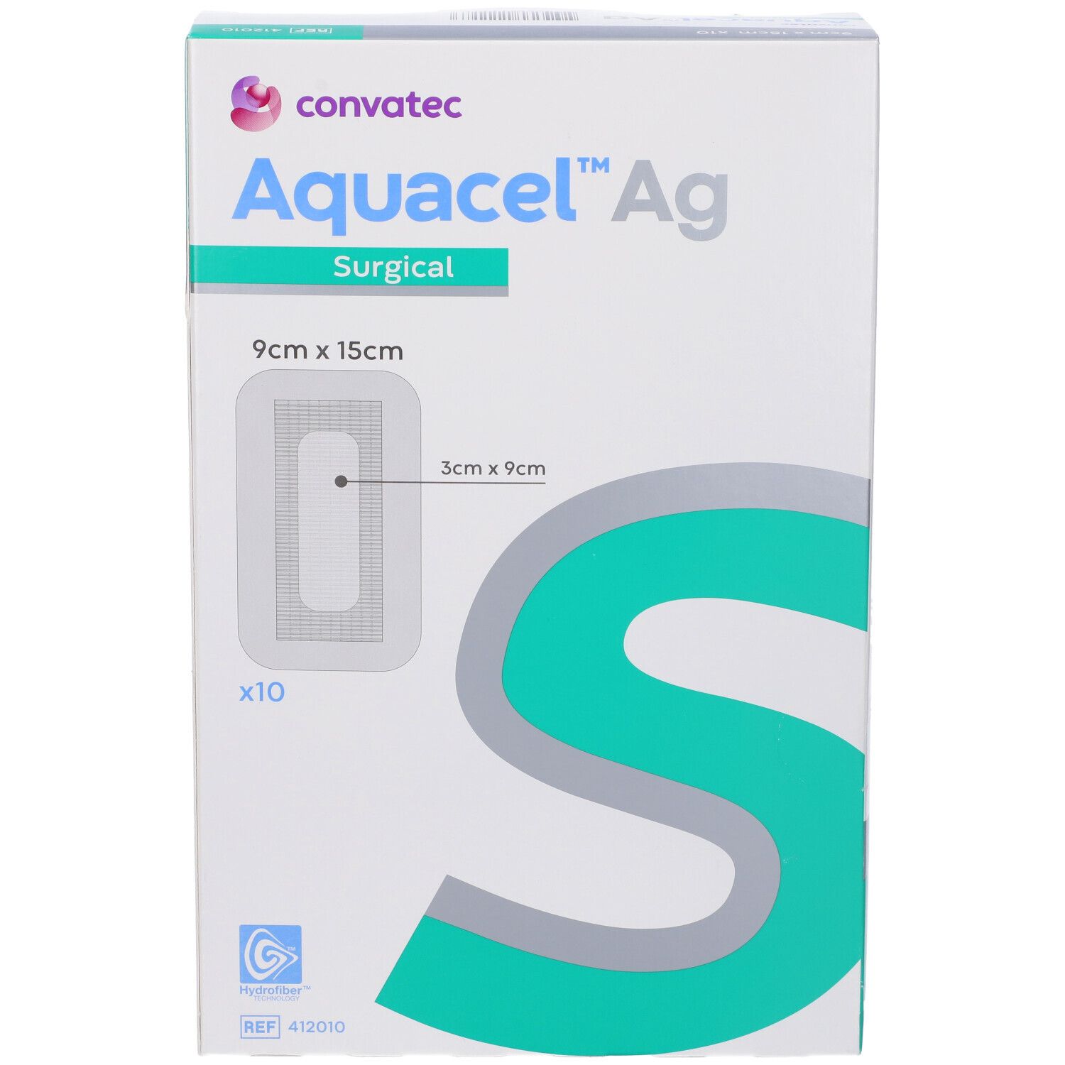 Confezione di Convatec Aquacel Ag Surgical. Formato 9x15cm. Contiene dieci pezzi. Logo e nome del prodotto.