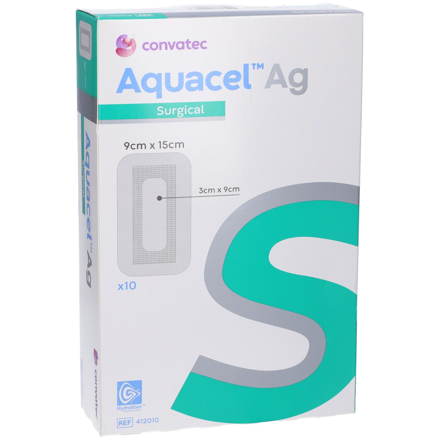 Confezione di Convatec Aquacel Ag Surgical. Formato 9x15cm. Contiene dieci pezzi. Logo e nome del prodotto.