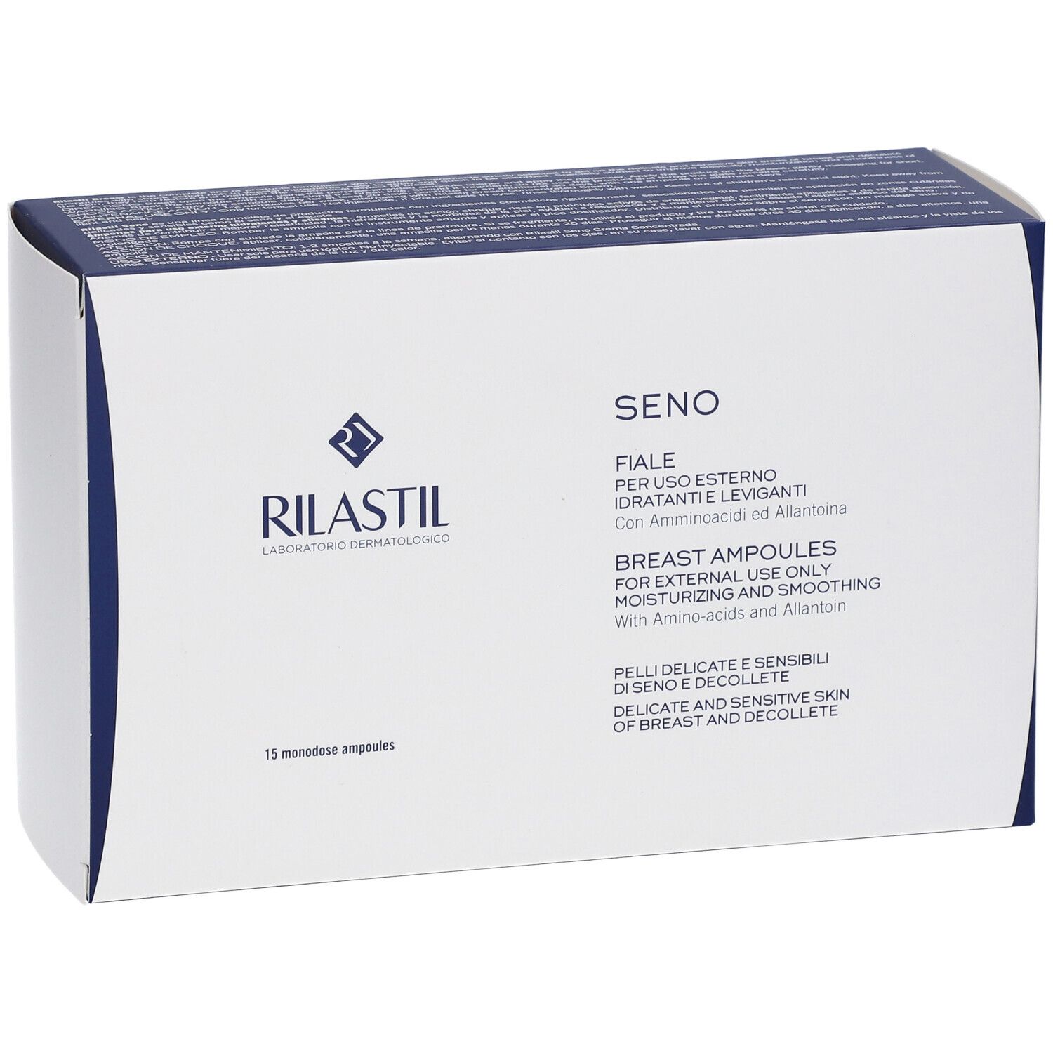 Scatola bianca con parte superiore blu. Scritta: RILASTIL, Seno Fiale, Breast Ampoules. 15 monodose.