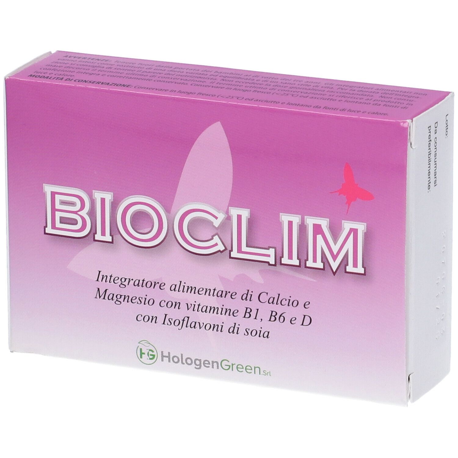 Scatola rettangolare rosa con scritta bianca BIOClIM. Testo: Integratore alimentare di...