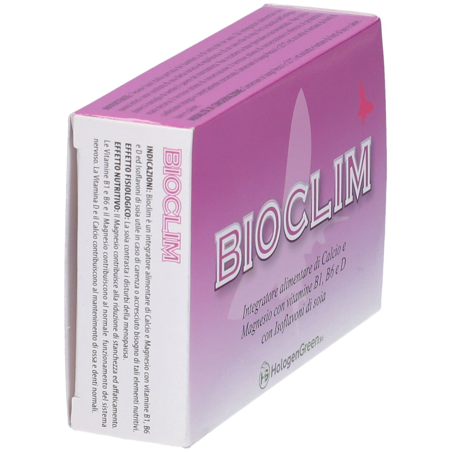 Scatola rosa inclinata con scritta bianca BIOClIM. Testo: Integratore alimentare di...