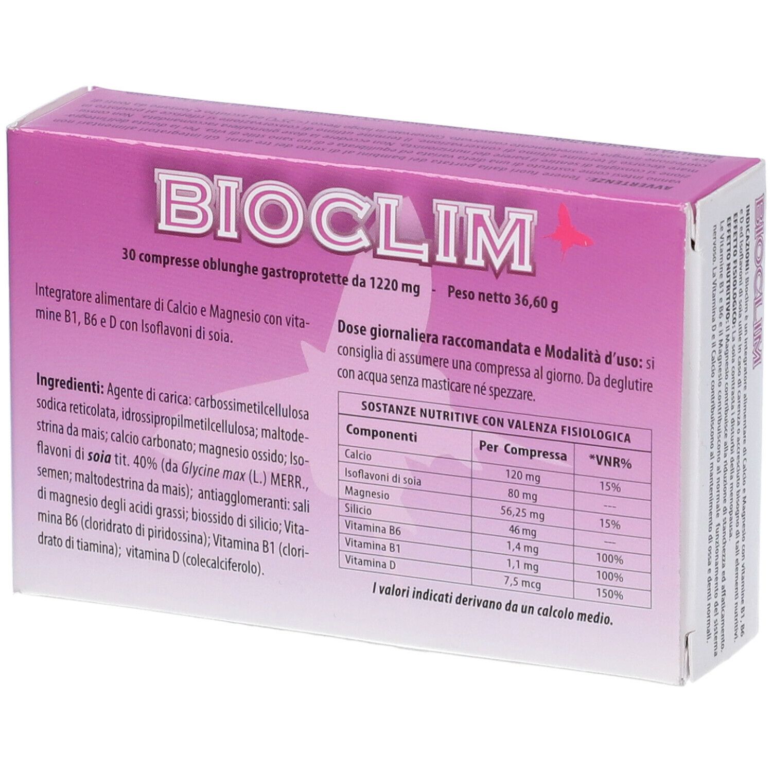 Confezione rosa con scritta bianca BIOClIM. Scritta: 30 compresse obliunghe...
