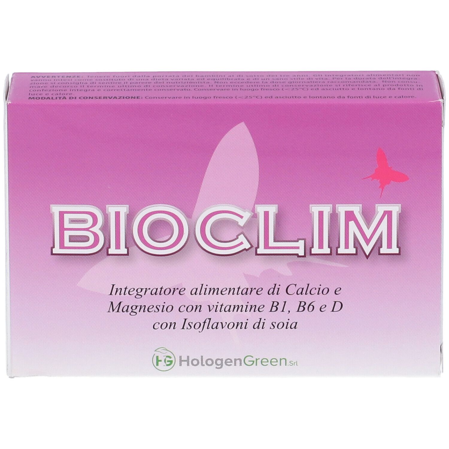 Confezione rosa con scritta bianca BIOClIM. Testo: Integratore alimentare di...