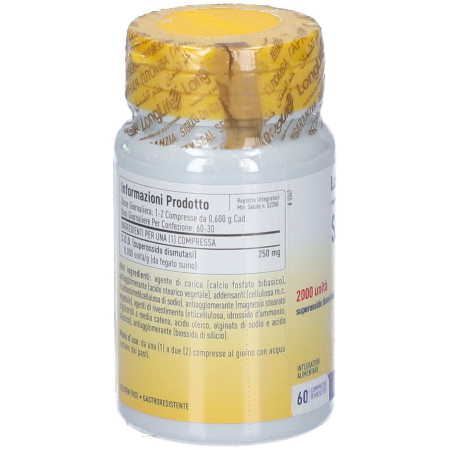 Retro del flacone LongLife S.O.D. con informazioni nutrizionali e ingredienti, 60 compresse.