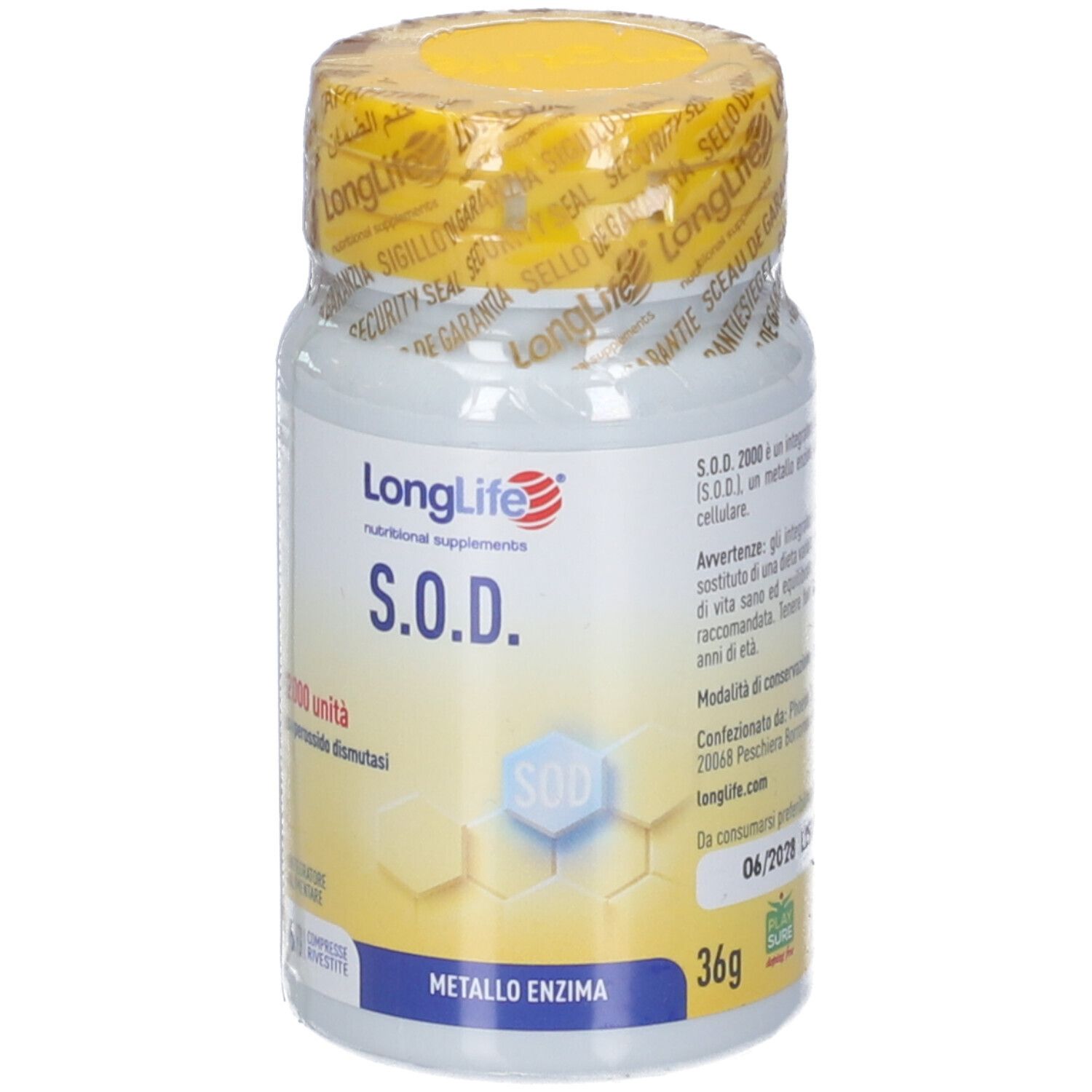 LongLife S.O.D. integratore alimentare in flacone bianco con tappo giallo, 36g.
