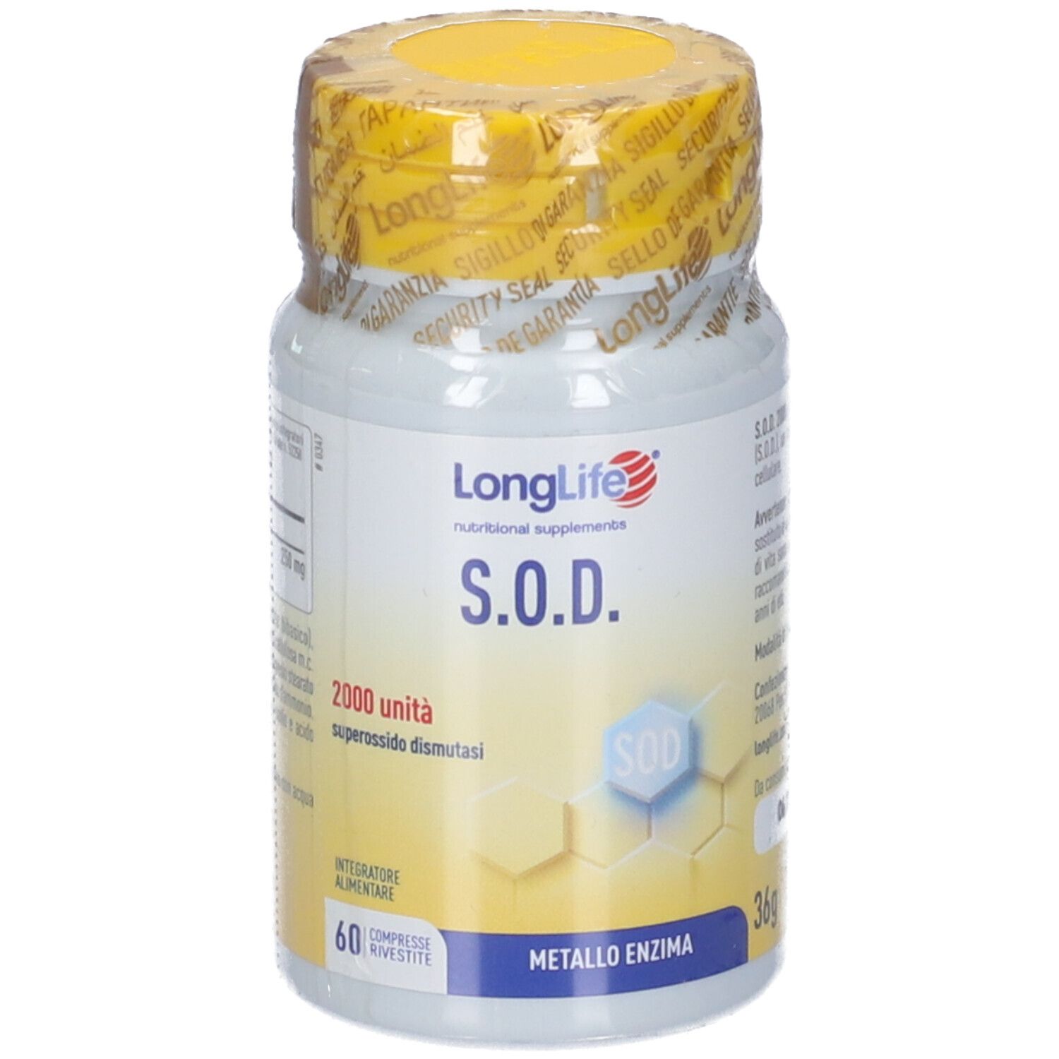 LongLife S.O.D. integratore alimentare in flacone bianco con tappo giallo, 60 compresse, 36g.