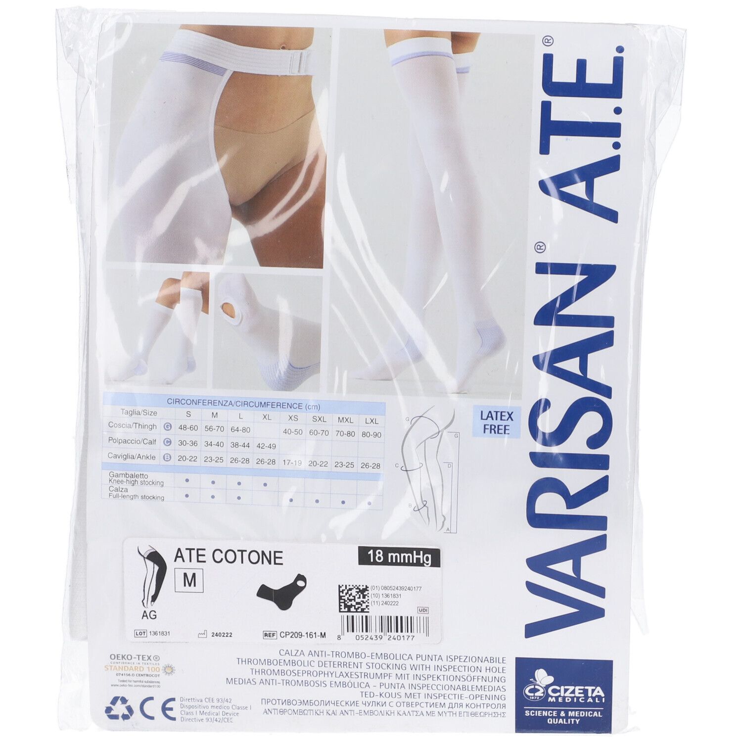 Confezione con calze a compressione bianche. Nome prodotto: Varisan A.T.E. Testo sulla confezione. Senza lattice.