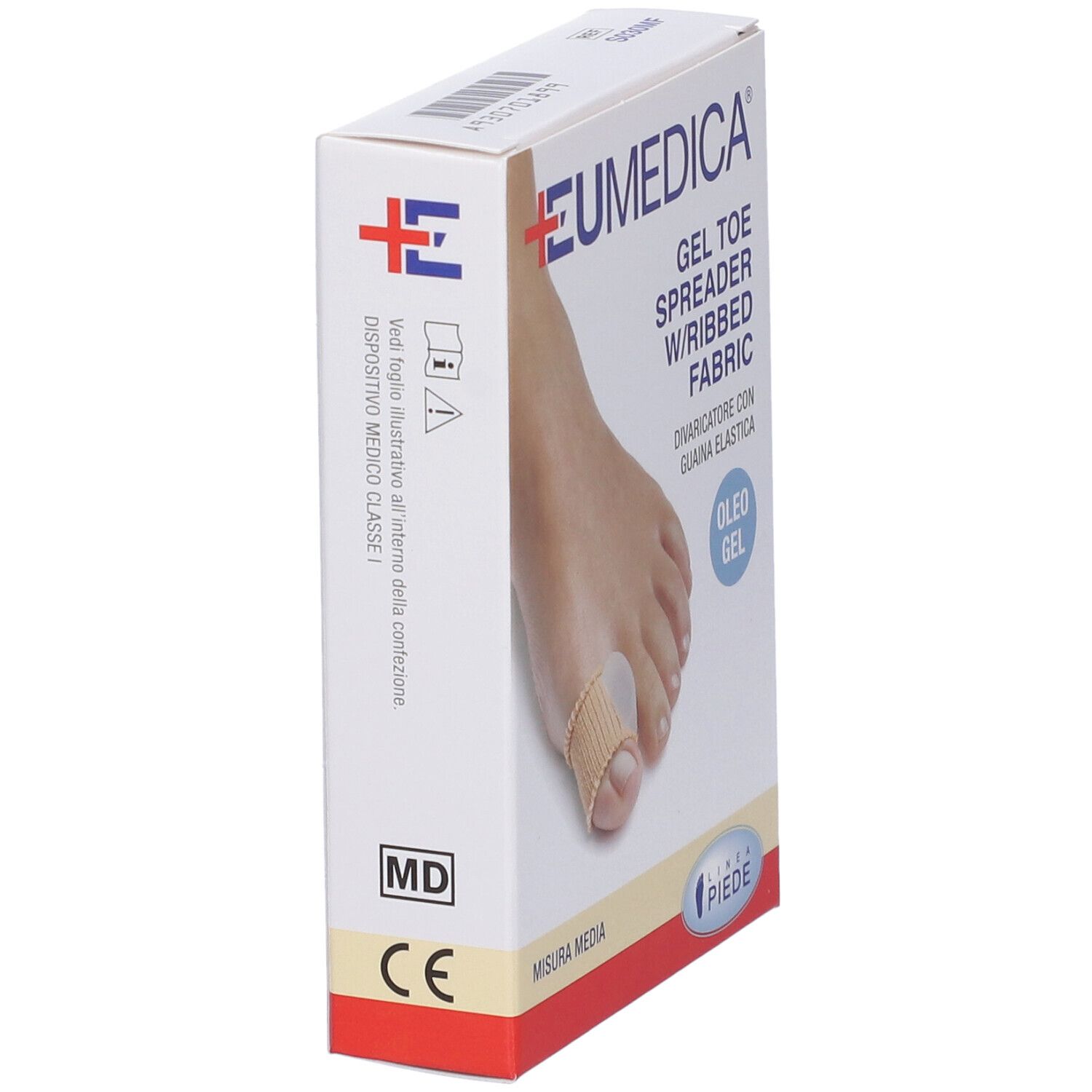 Confezione con divaricatore per dita in gel e tessuto a coste. Marchio EUMEDICA. Scritte: OLEO GEL, MISURA MEDIA. Marchio CE.