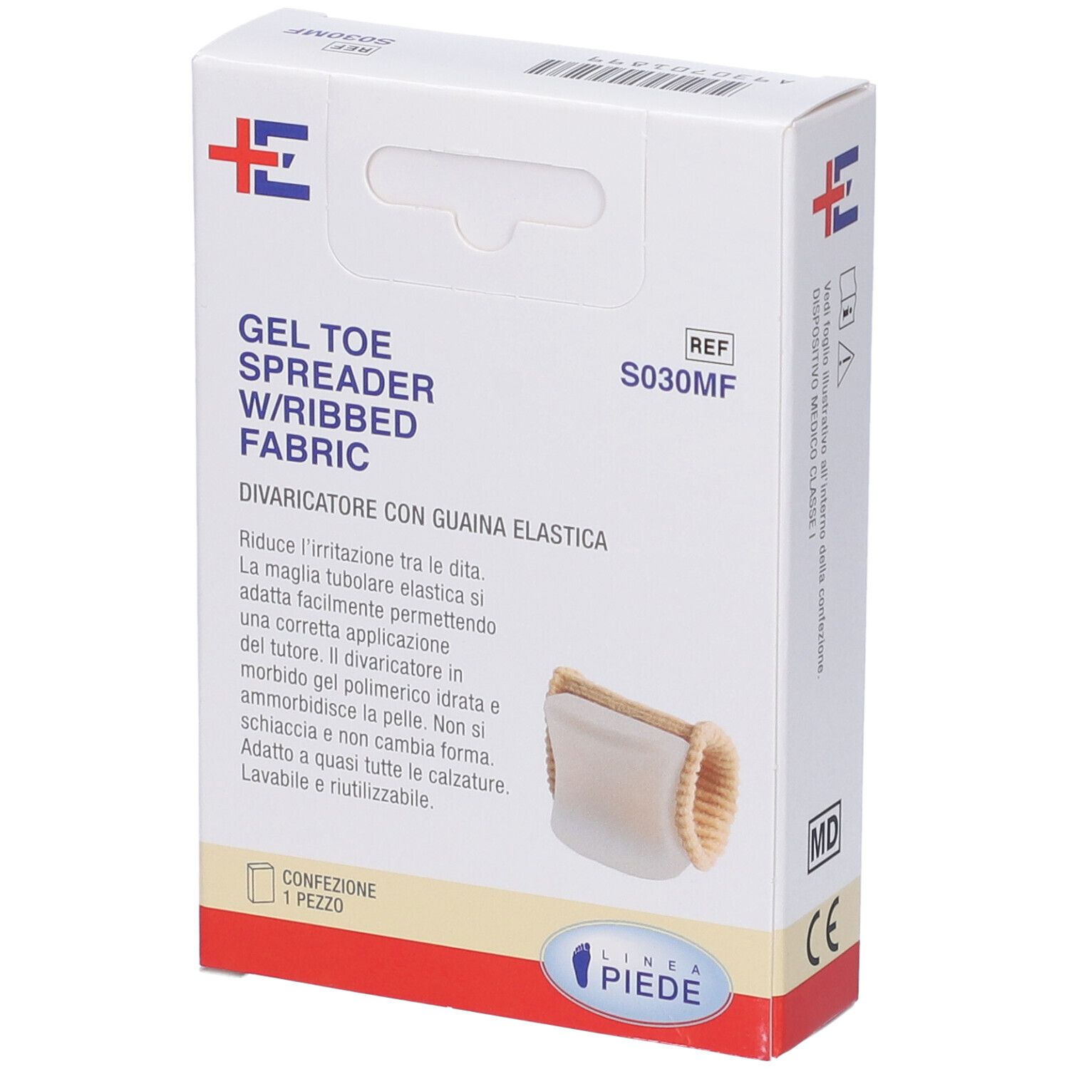 Confezione con divaricatore per dita in gel e tessuto a coste. Marchio EUMEDICA. Scritte: OLEO GEL. Contiene 1 pezzo. Marchio CE.