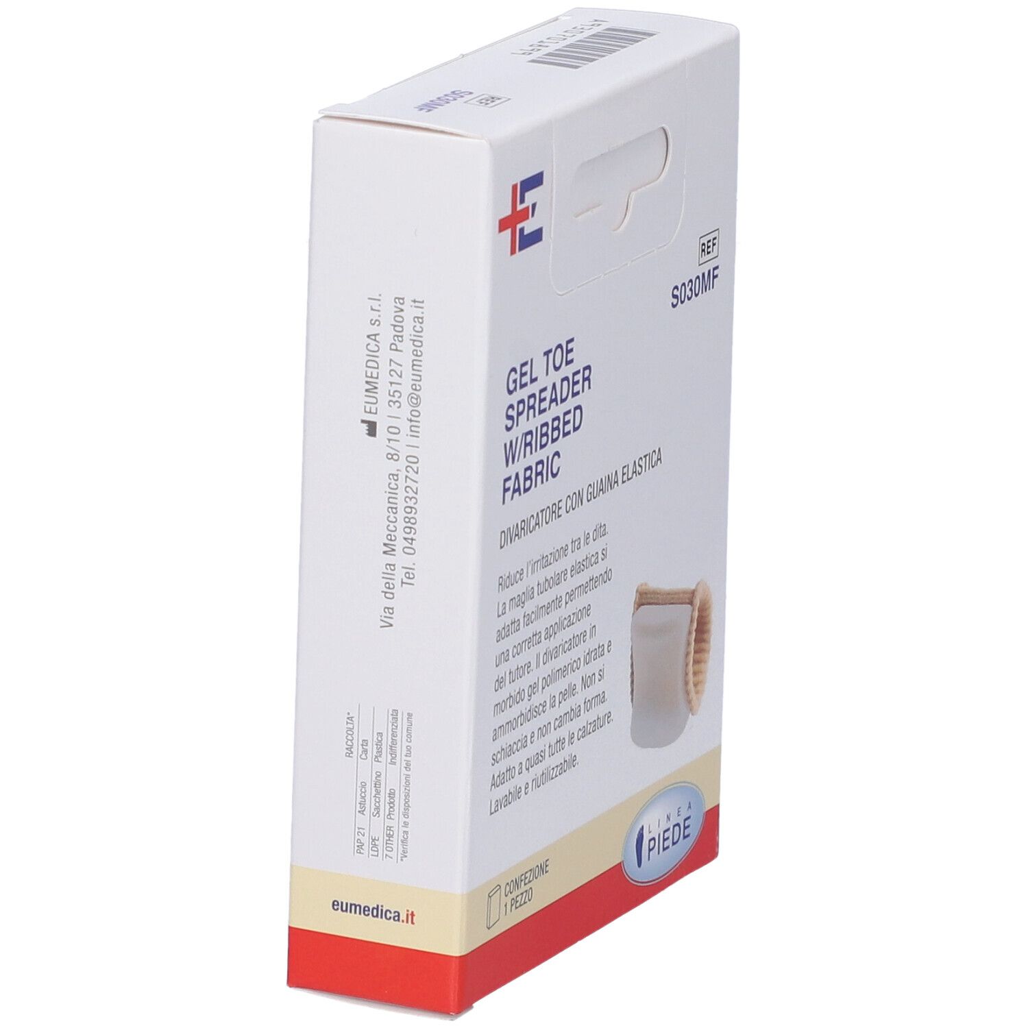 Confezione con divaricatore per dita in gel e tessuto a coste. Marchio EUMEDICA. Scritte: OLEO GEL. Contiene 1 pezzo. Marchio CE.
