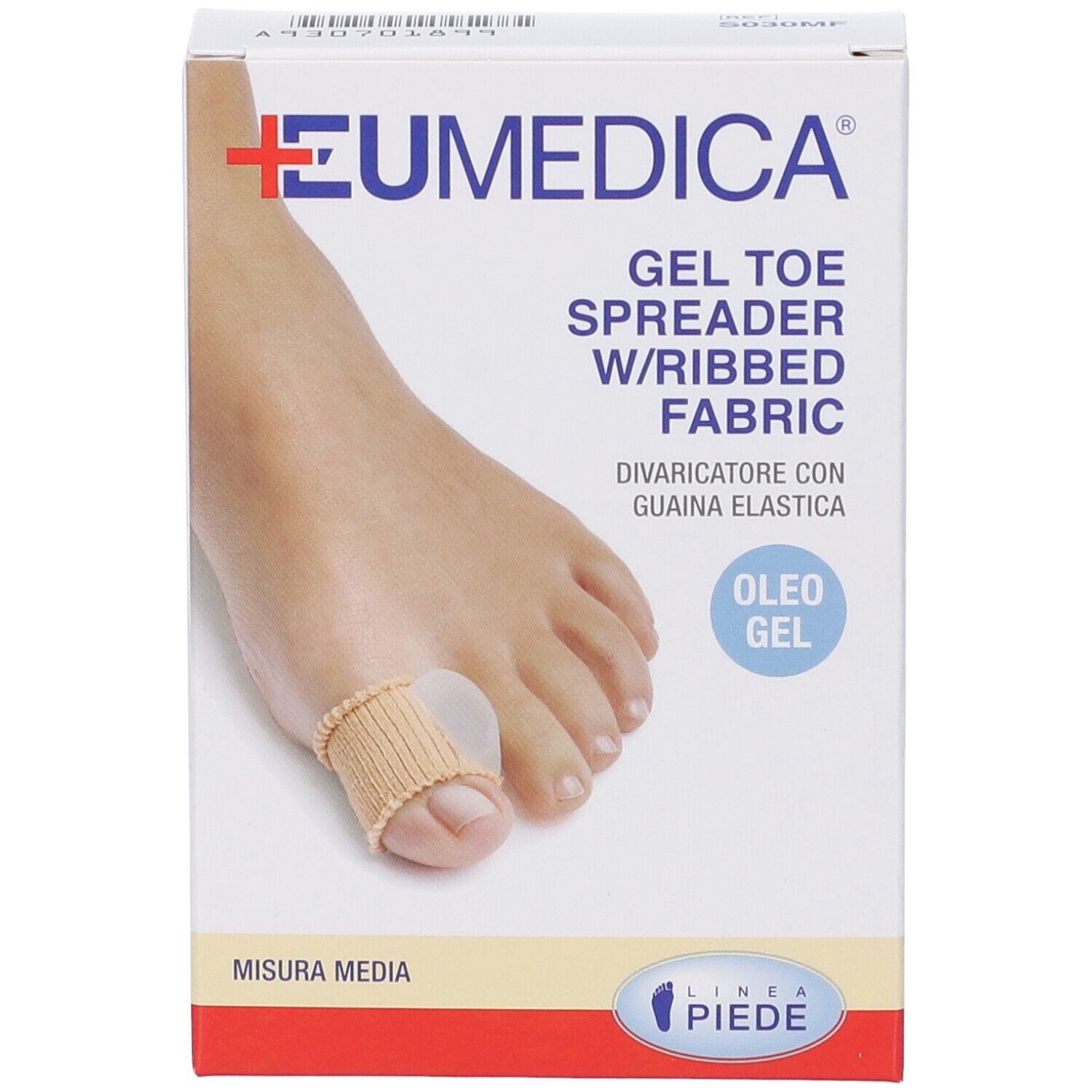 Confezione con divaricatore per dita in gel e tessuto a coste. Marchio EUMEDICA. Scritte: OLEO GEL, MISURA MEDIA.
