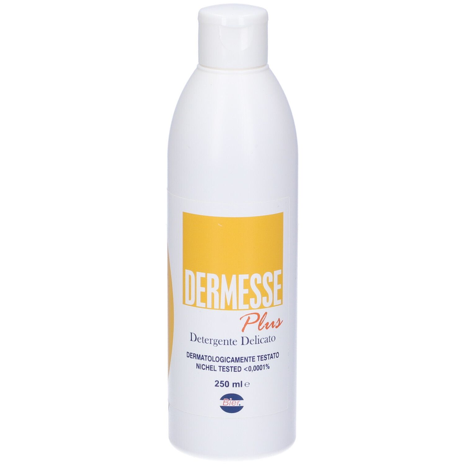 Flacone bianco con etichetta gialla. Testo: Dermesse Plus, Detergente Delicato. 250 ml.