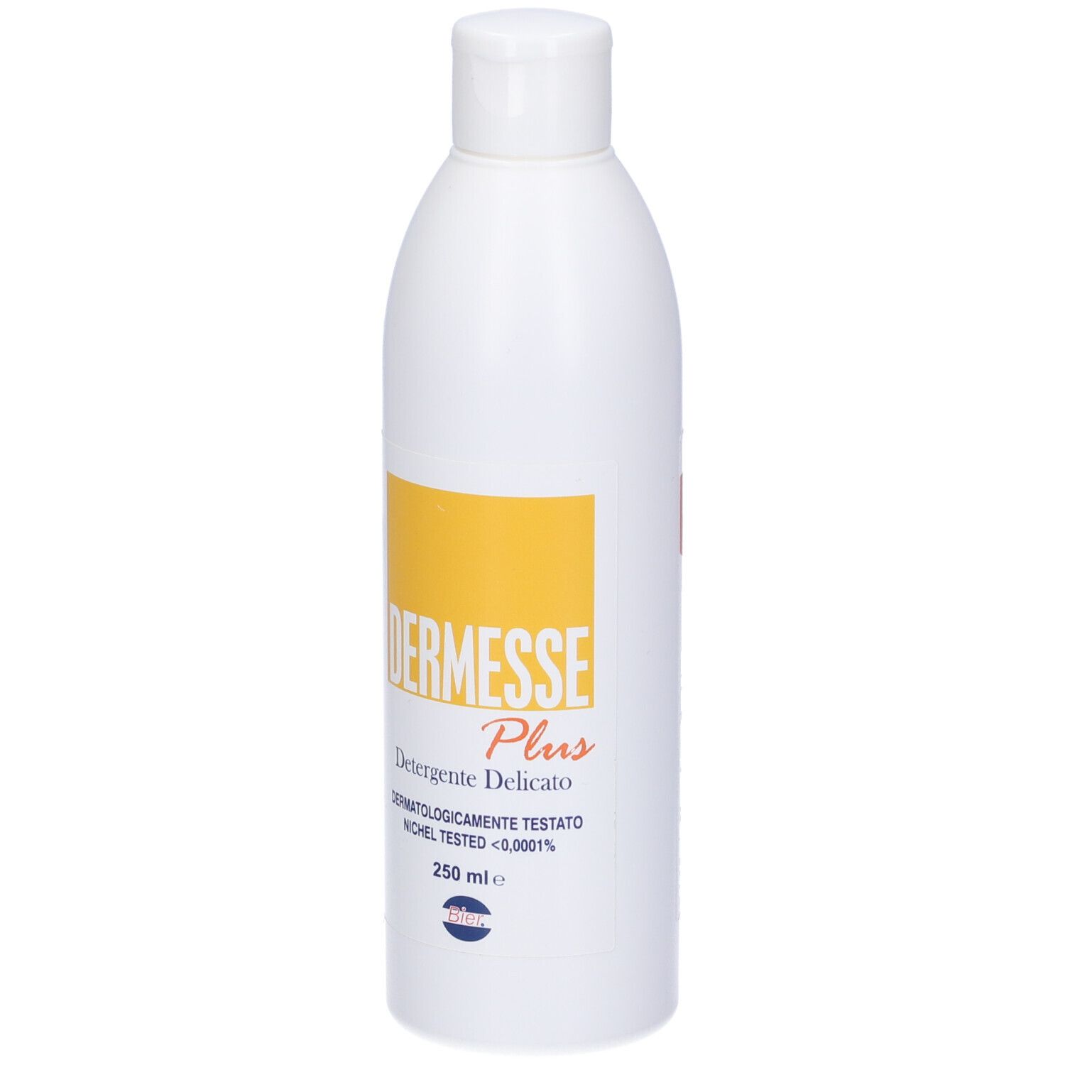 Flacone bianco con etichetta gialla. Testo: Dermesse Plus, Detergente Delicato. 250 ml.