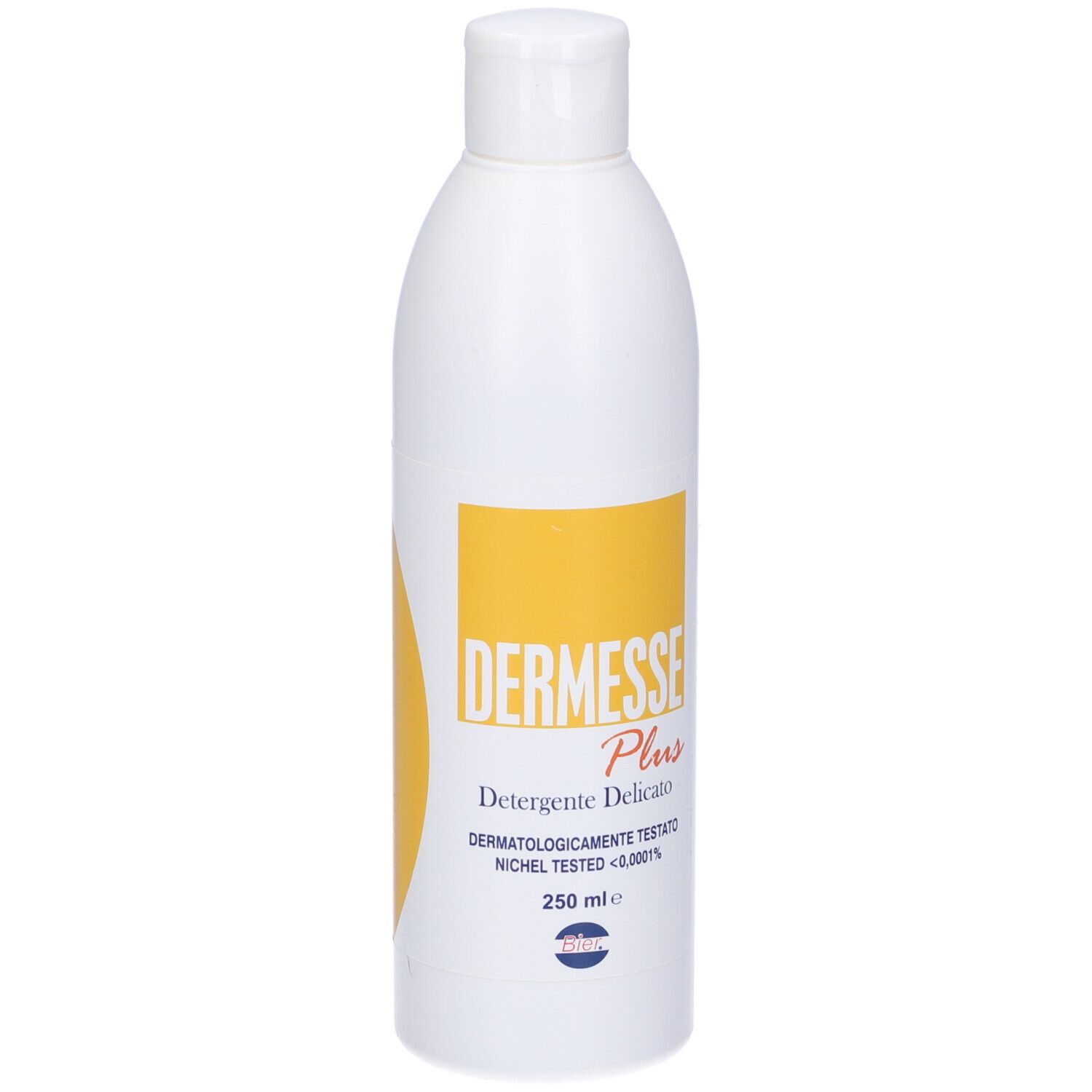 Flacone bianco con etichetta gialla. Testo: Dermesse Plus, Detergente Delicato. 250 ml.