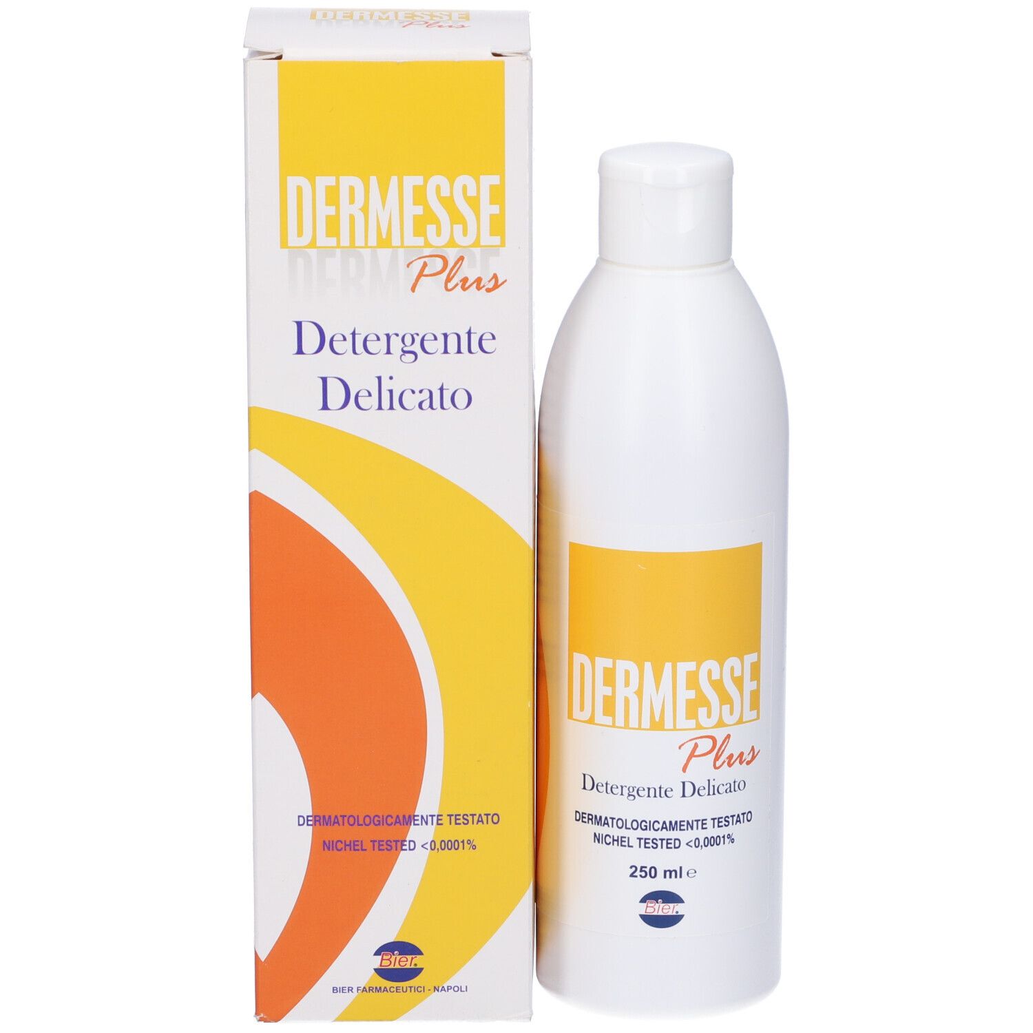 Flacone e confezione del prodotto. Flacone bianco con etichetta gialla. Testo: Dermesse Plus, Detergente Delicato.