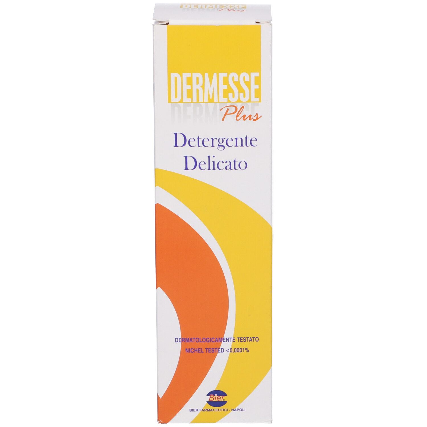 Confezione del prodotto. Giallo, arancione e bianco. Testo: Dermesse Plus, Detergente Delicato.
